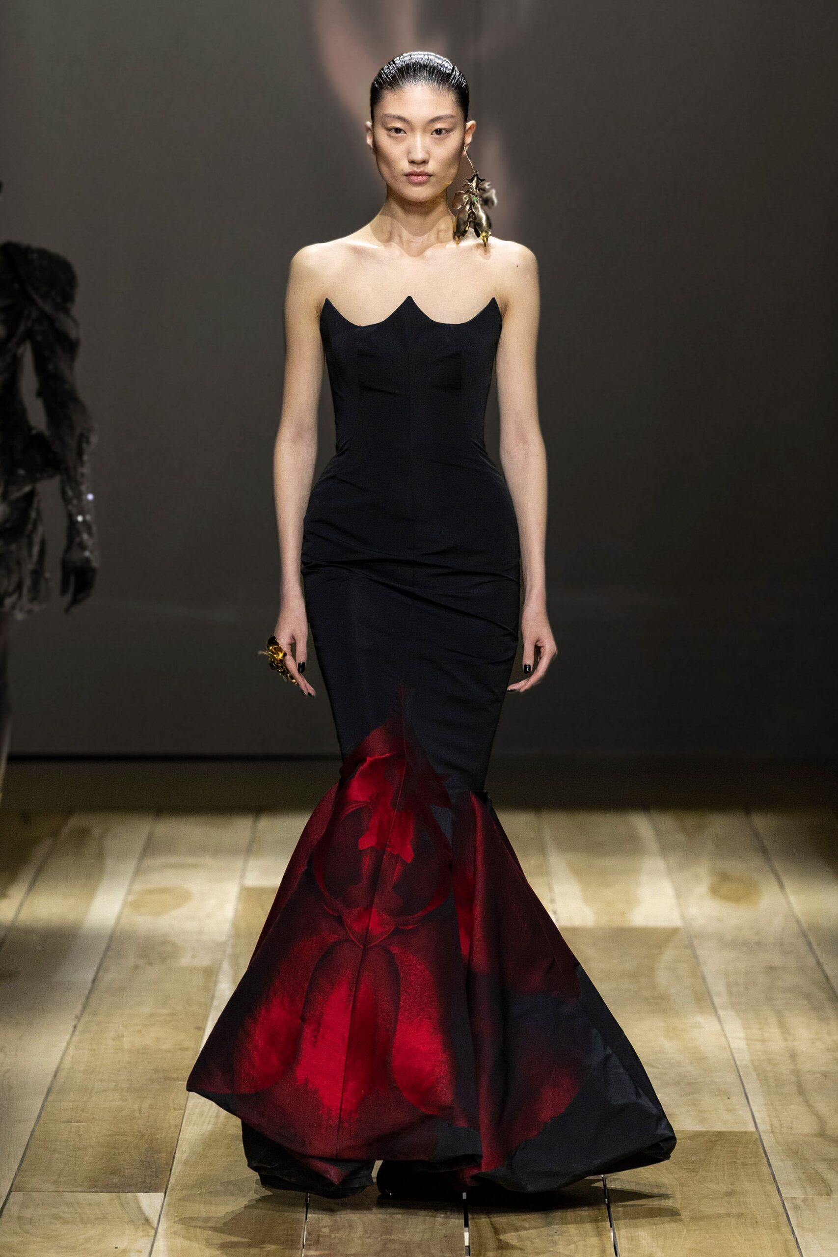 black and red strapless gown