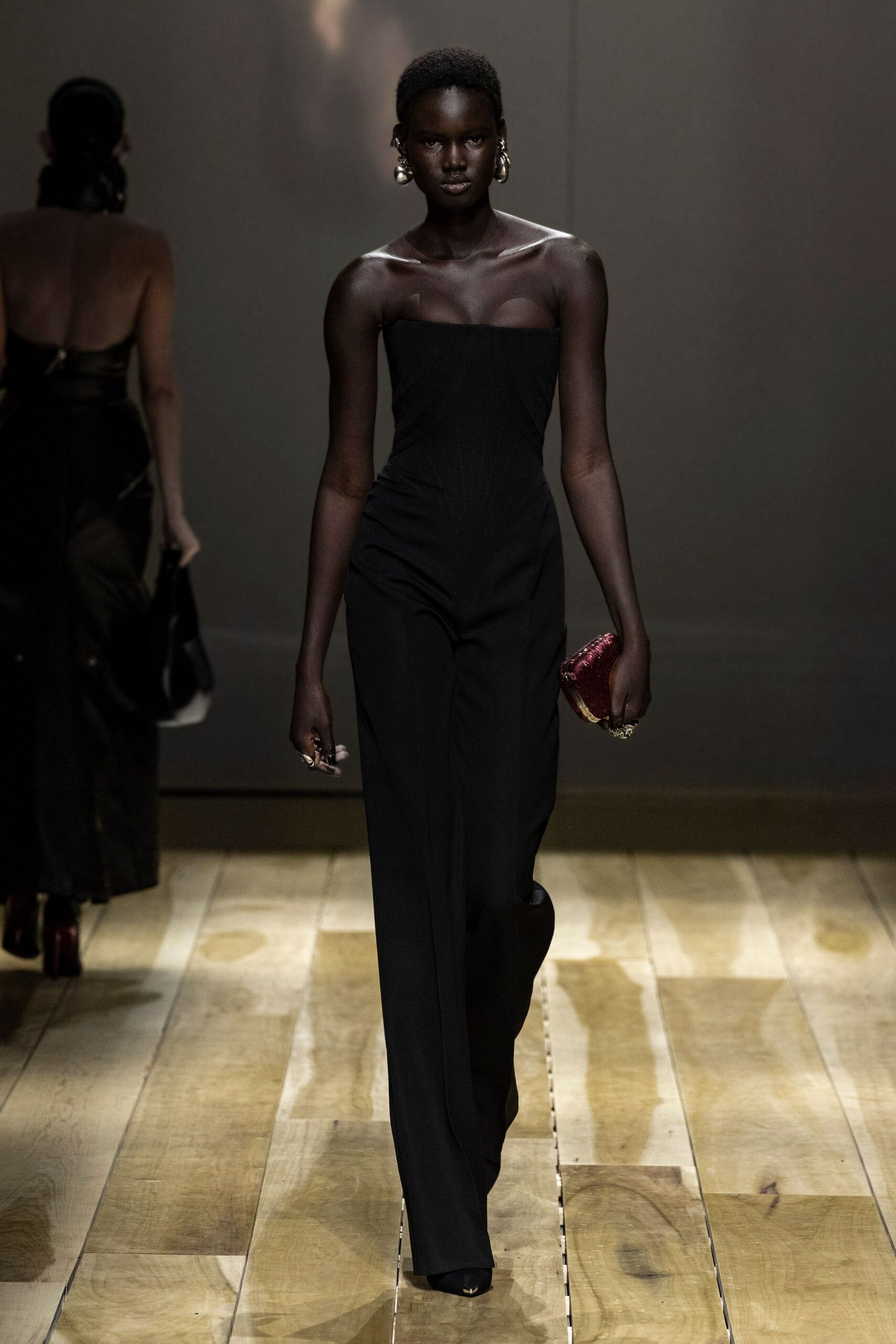 black silk sleeveless strapless fitted straight-leg jumpsuit