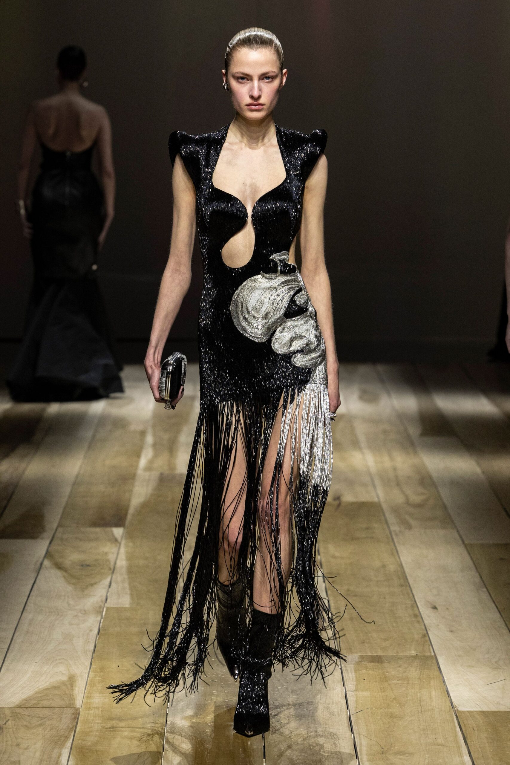 black silk sleeveless cutout fitted sequined fringed dress