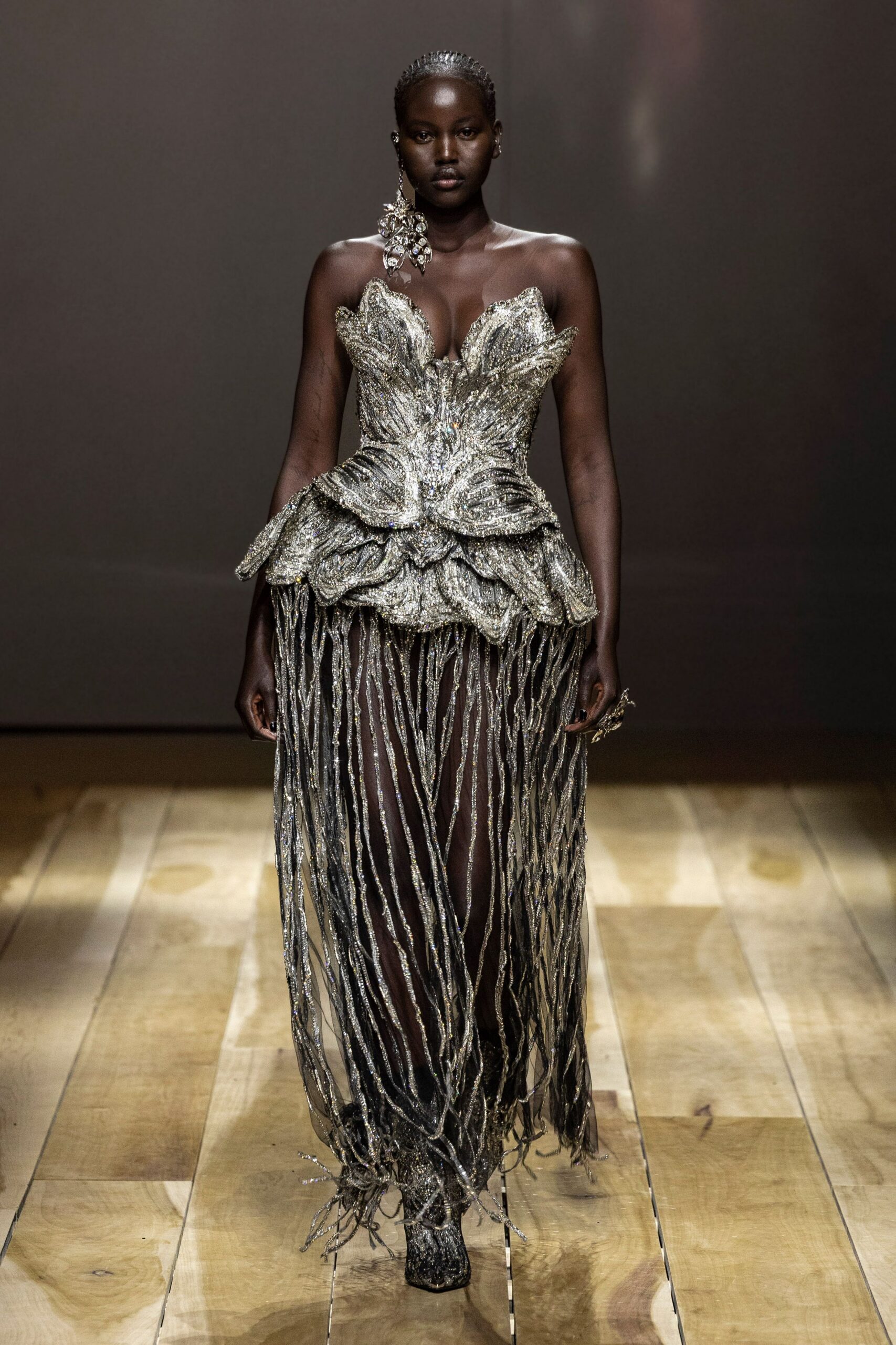 silver strapless ruffled gown