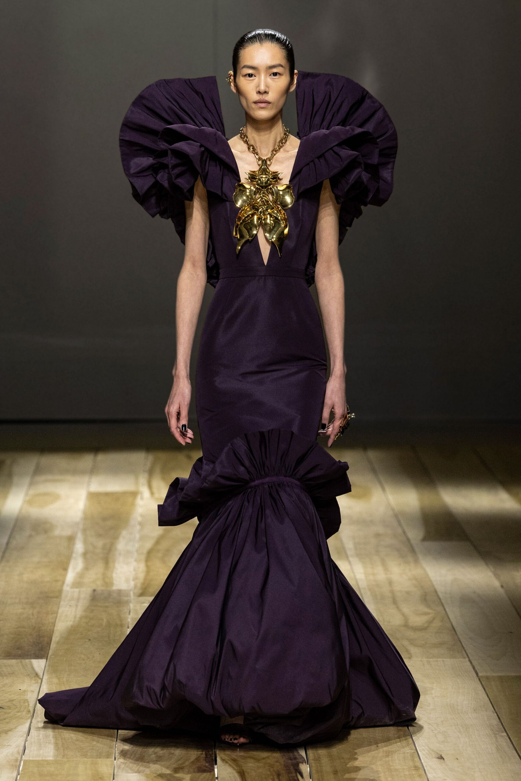 fitted purple silk gown