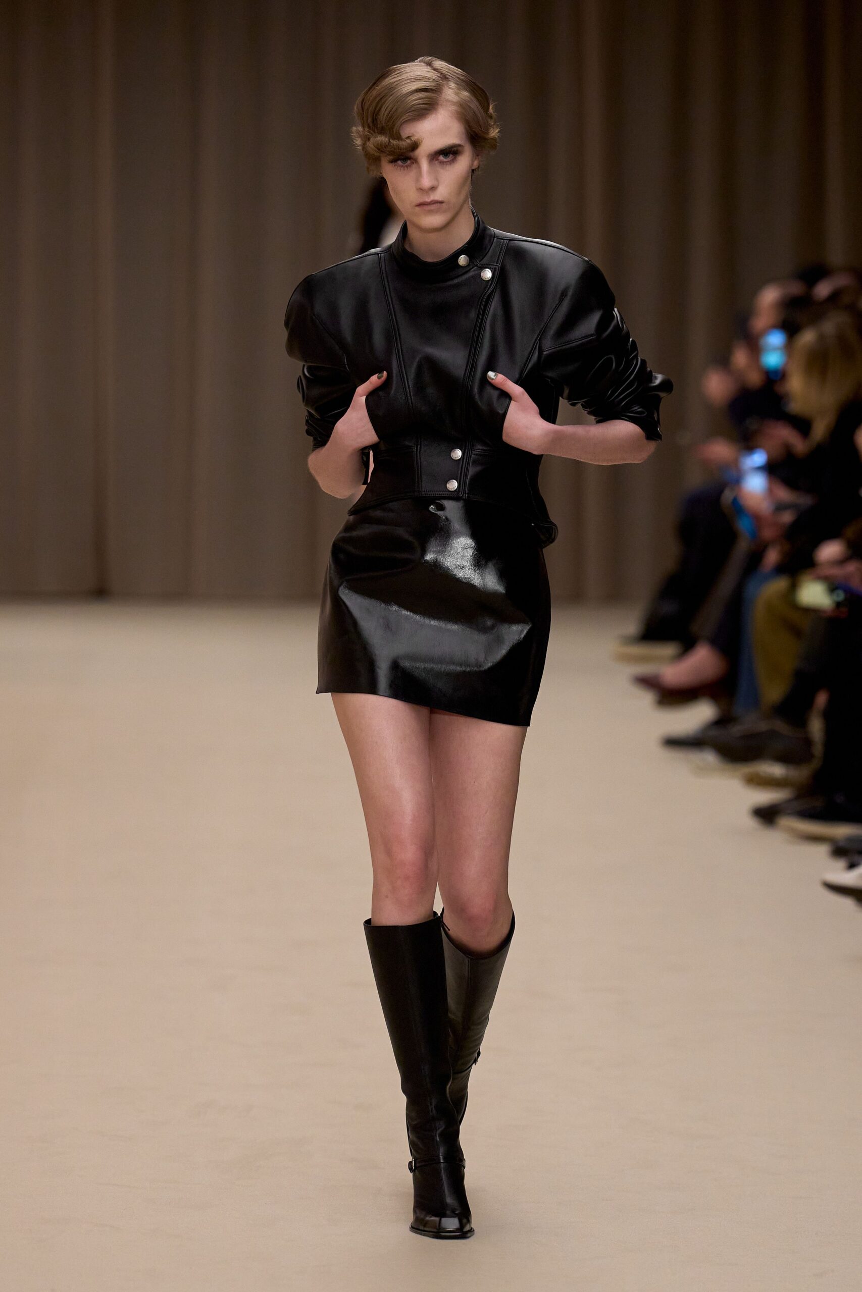black leather long-sleeve collared fitted zippered pencil dress