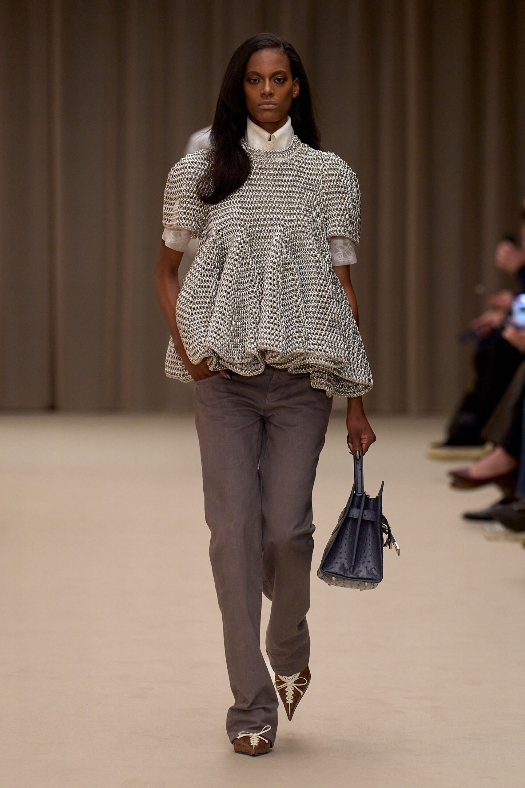 gray cotton short-sleeve collared relaxed pleated top
