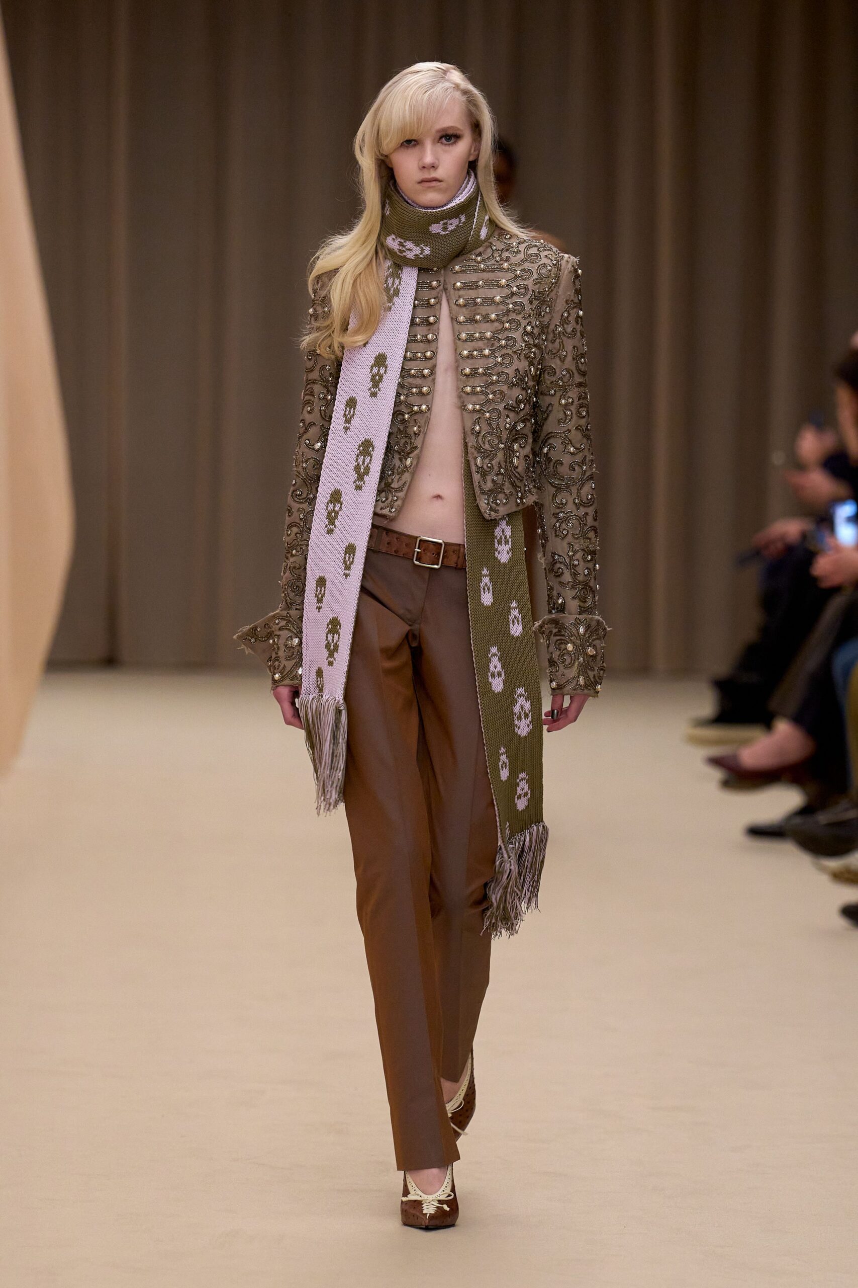 brown silk long-sleeve collared fitted embroidered fringed jacket
