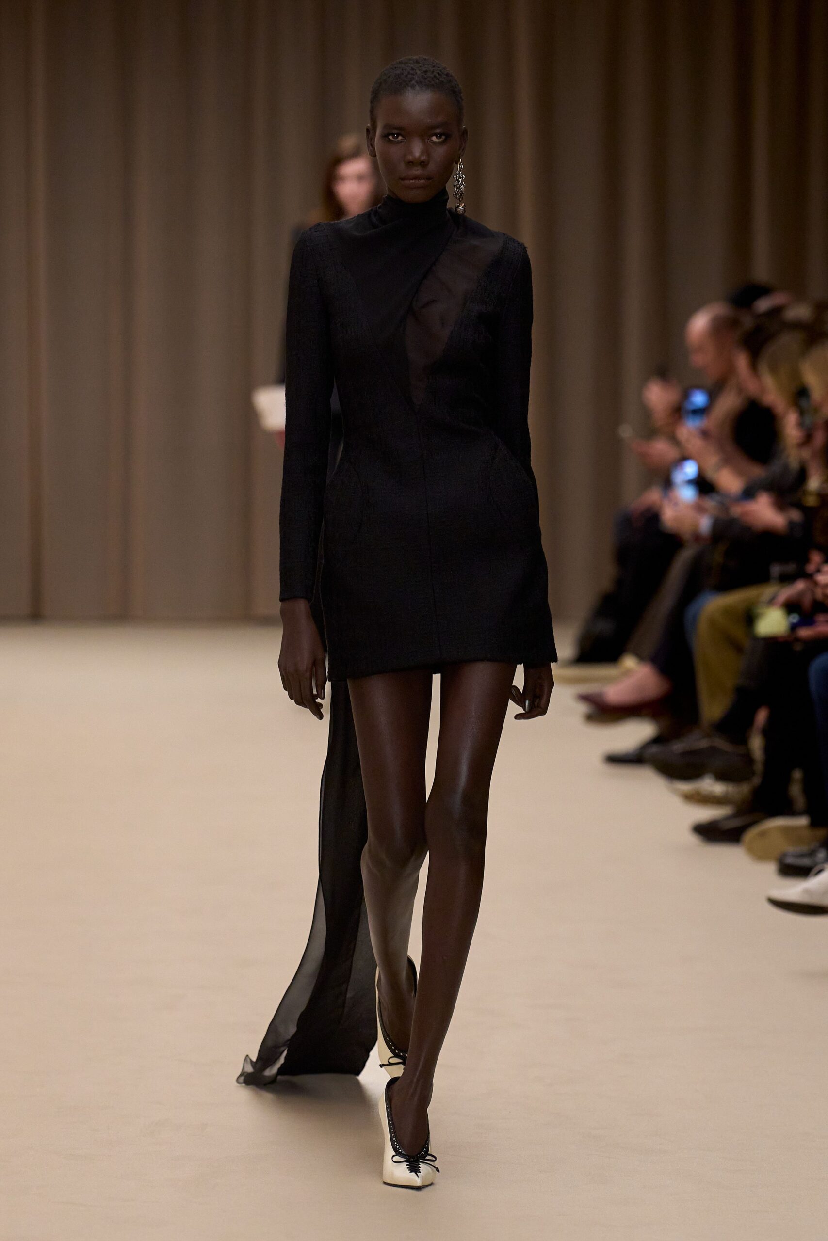 black silk long-sleeve high-neck fitted mini dress