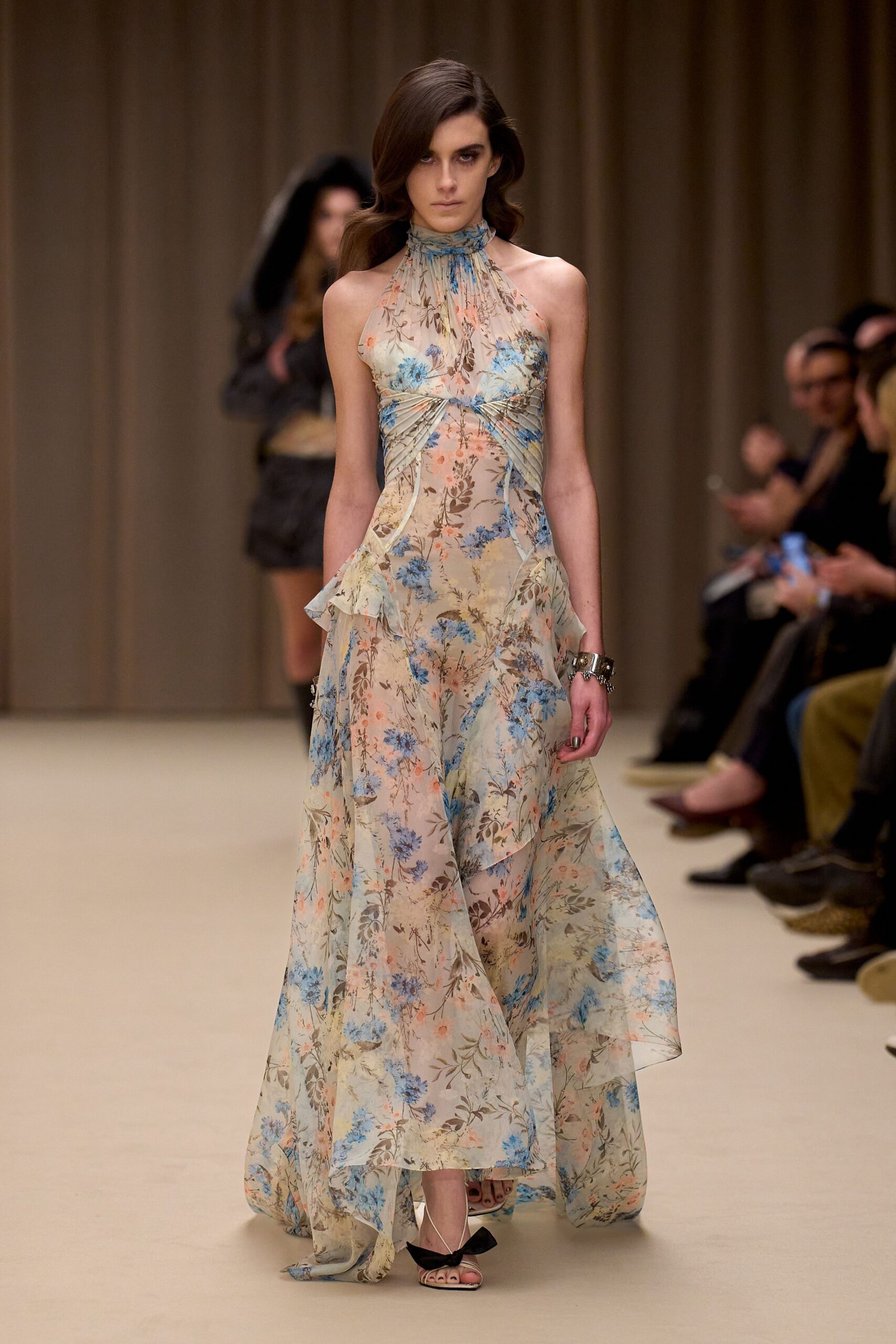 beige silk sleeveless high-neck fitted floral draped gown