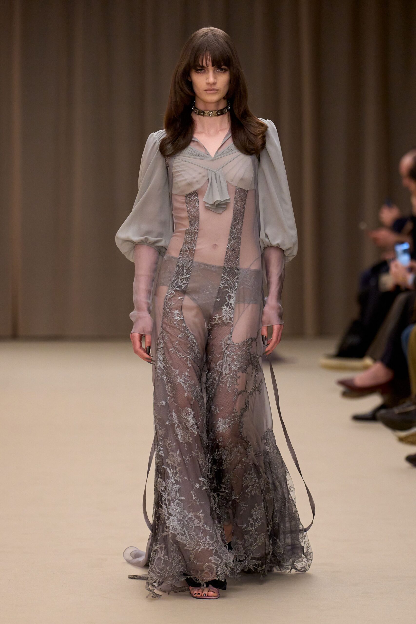 gray silk long-sleeve v-neck fitted embroidered gown