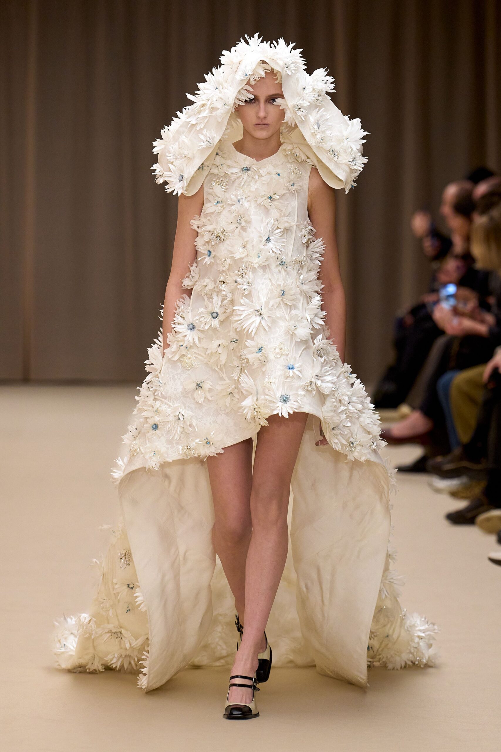 white silk sleeveless high-neck fitted floral layered dress