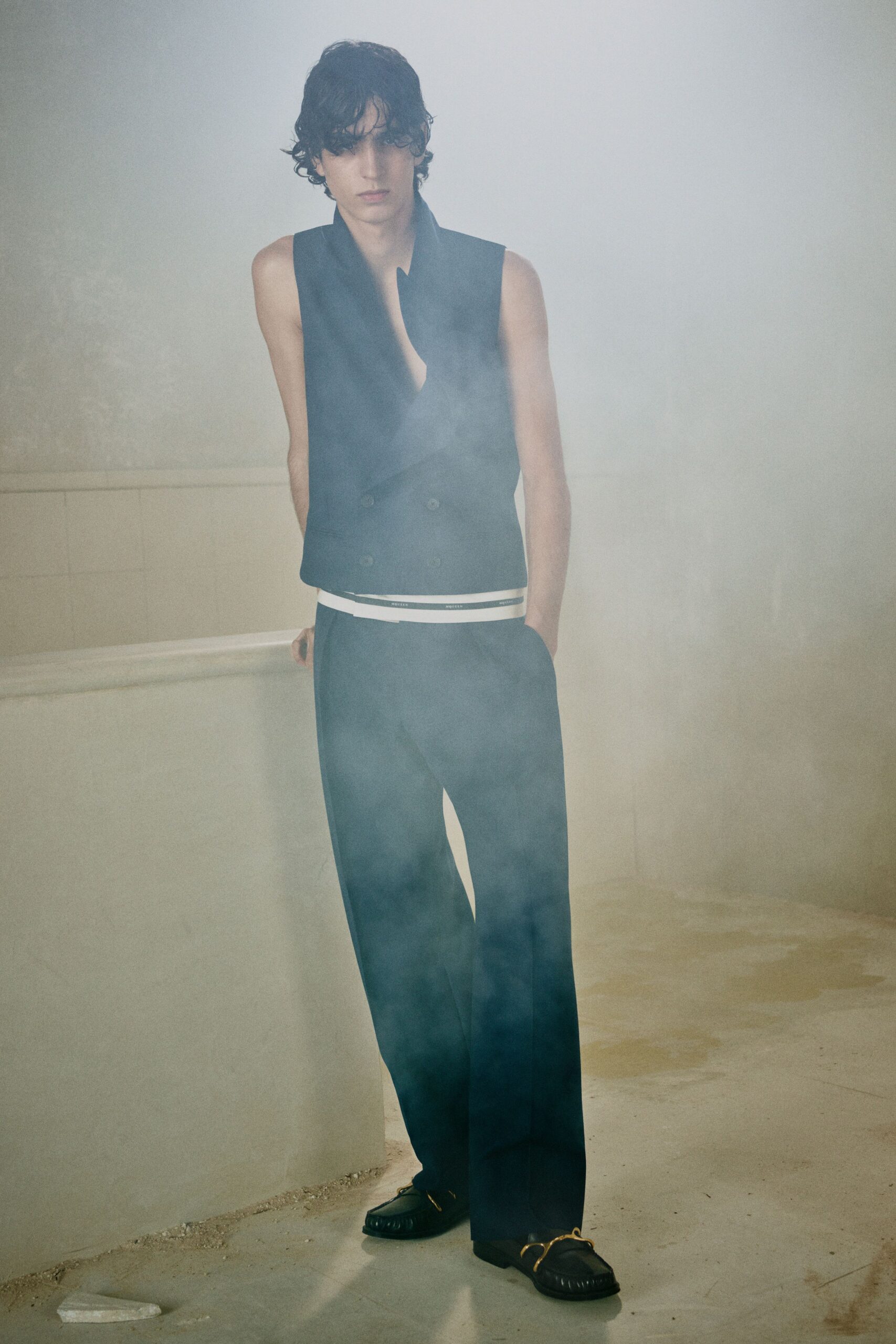 blue wool relaxed wide-leg pants