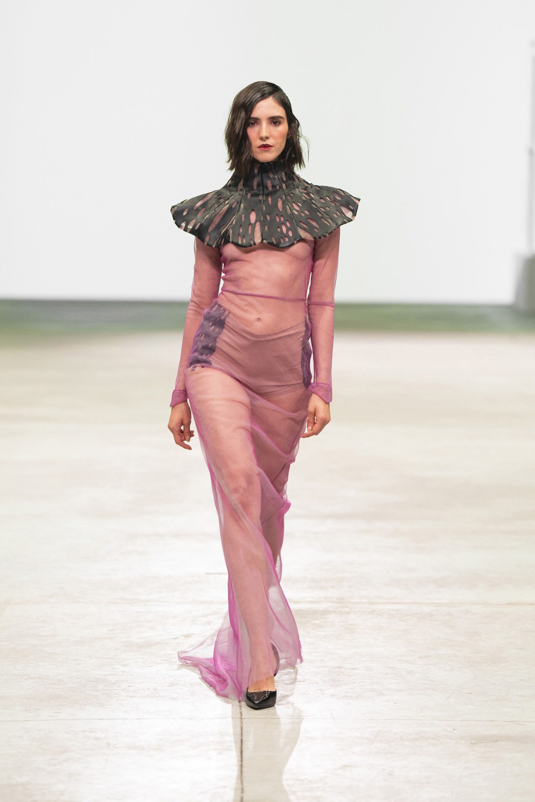 pink silk long-sleeve high-neck fitted ruffled gown