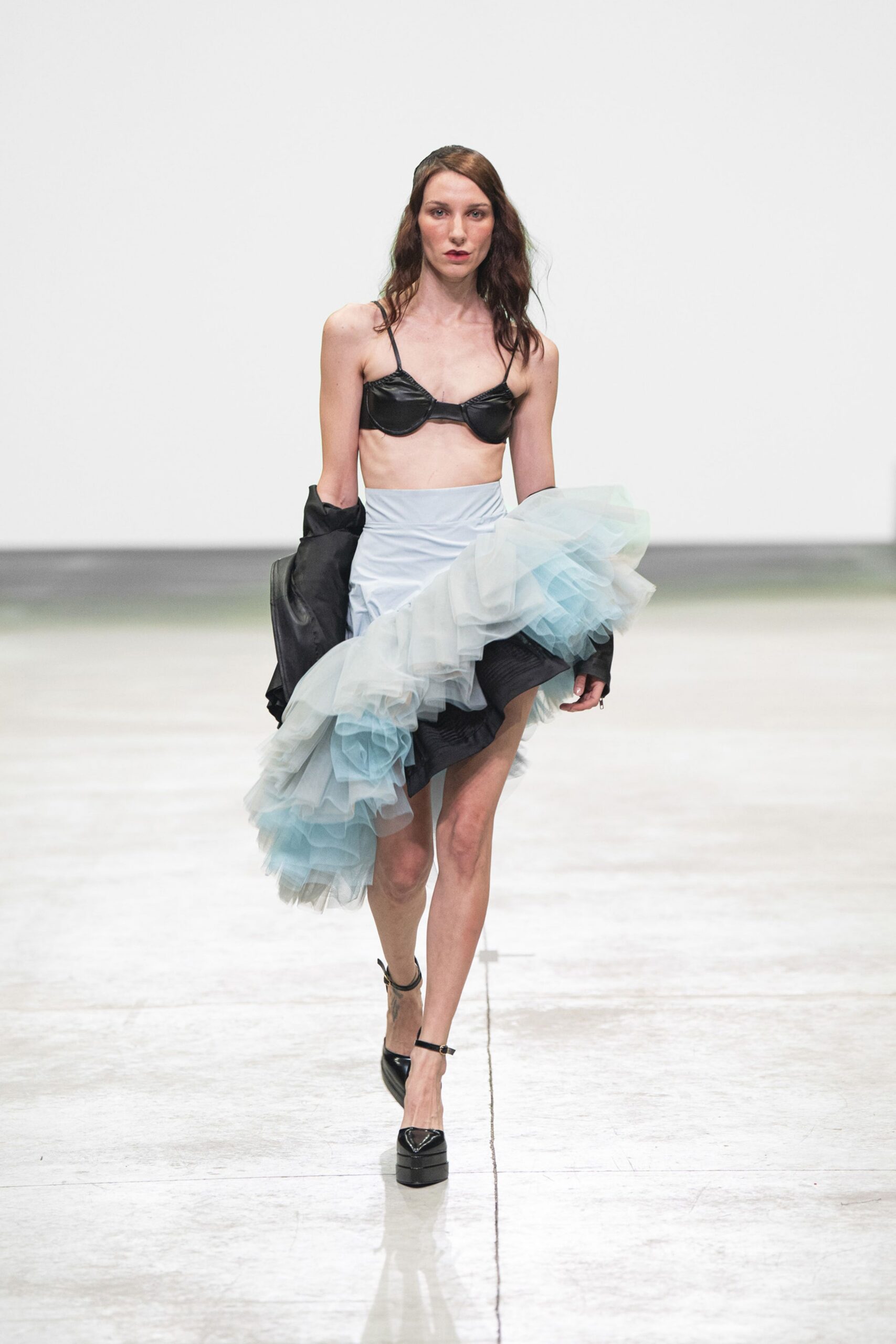 blue tulle asymmetric fitted tiered flowing mini skirt