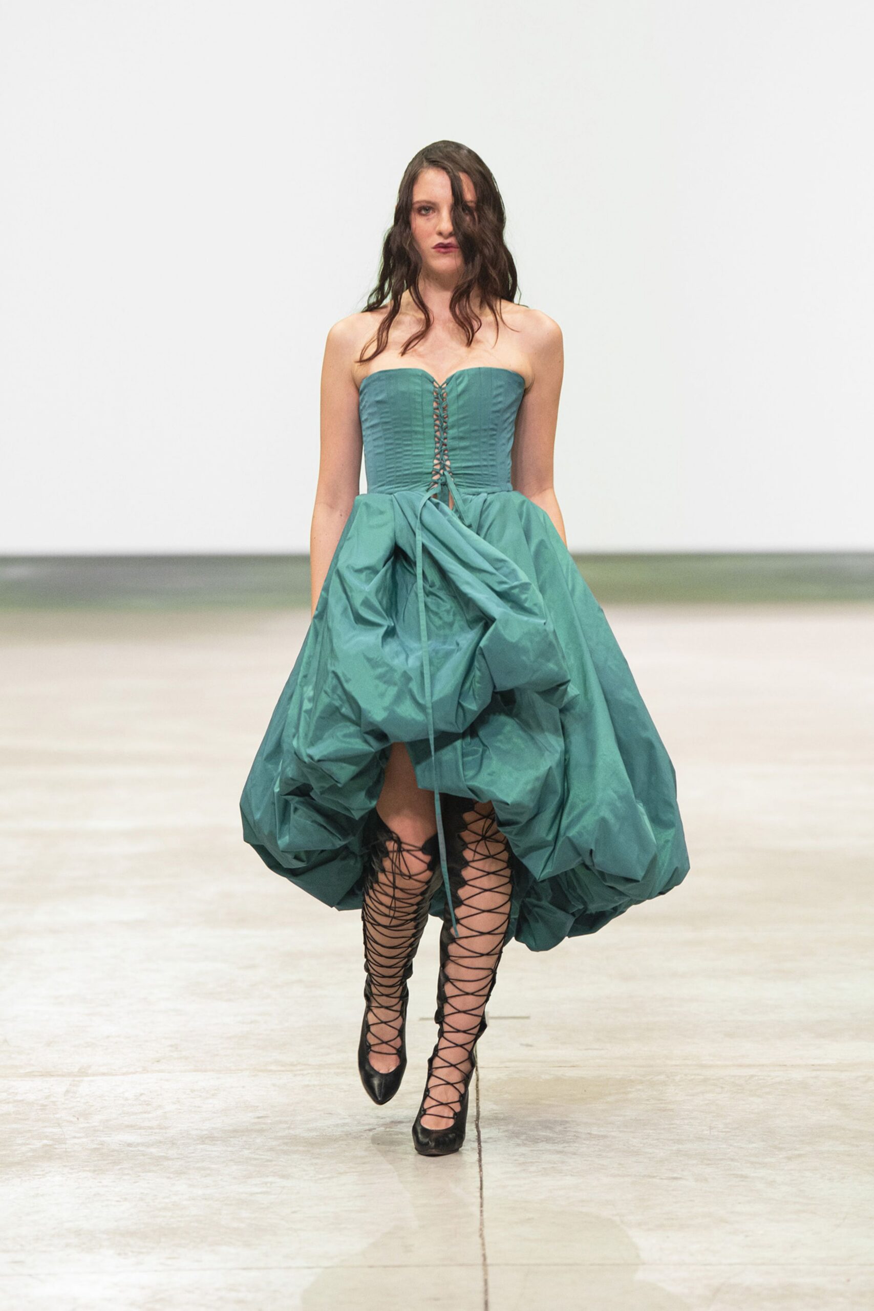 green silk strapless v-neck fitted pleated tiered dress