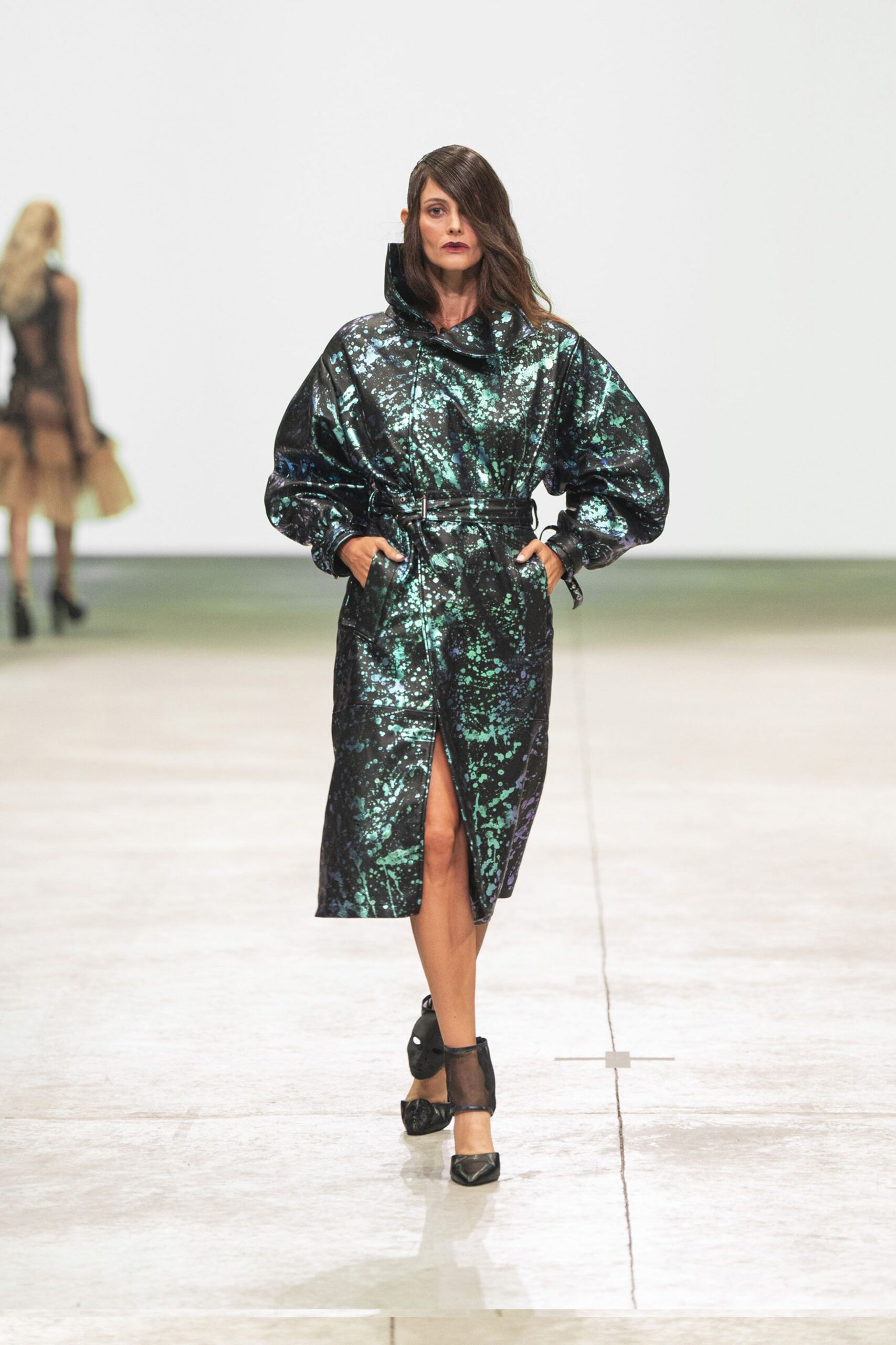 black vinyl long-sleeve hooded oversized shiny midi coat