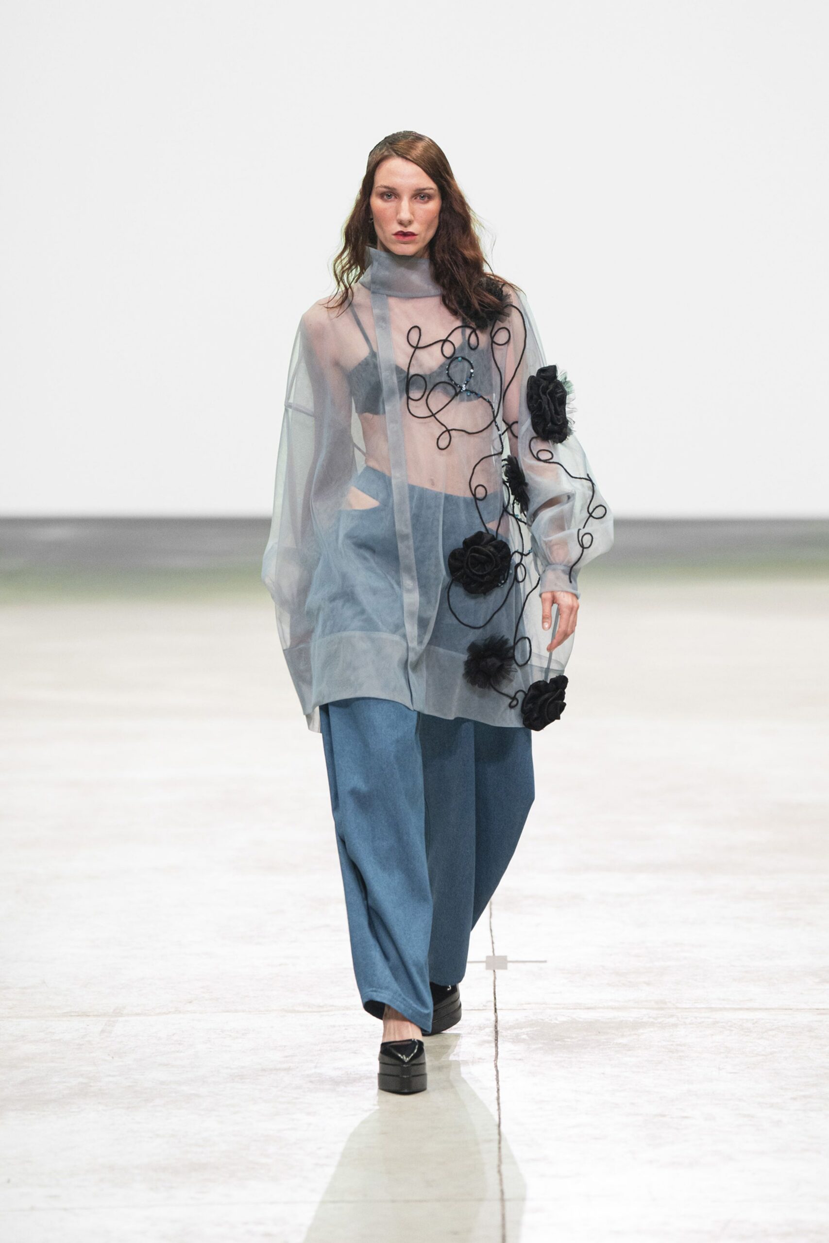 clear mesh long-sleeve high-neck relaxed embroidered sheer top