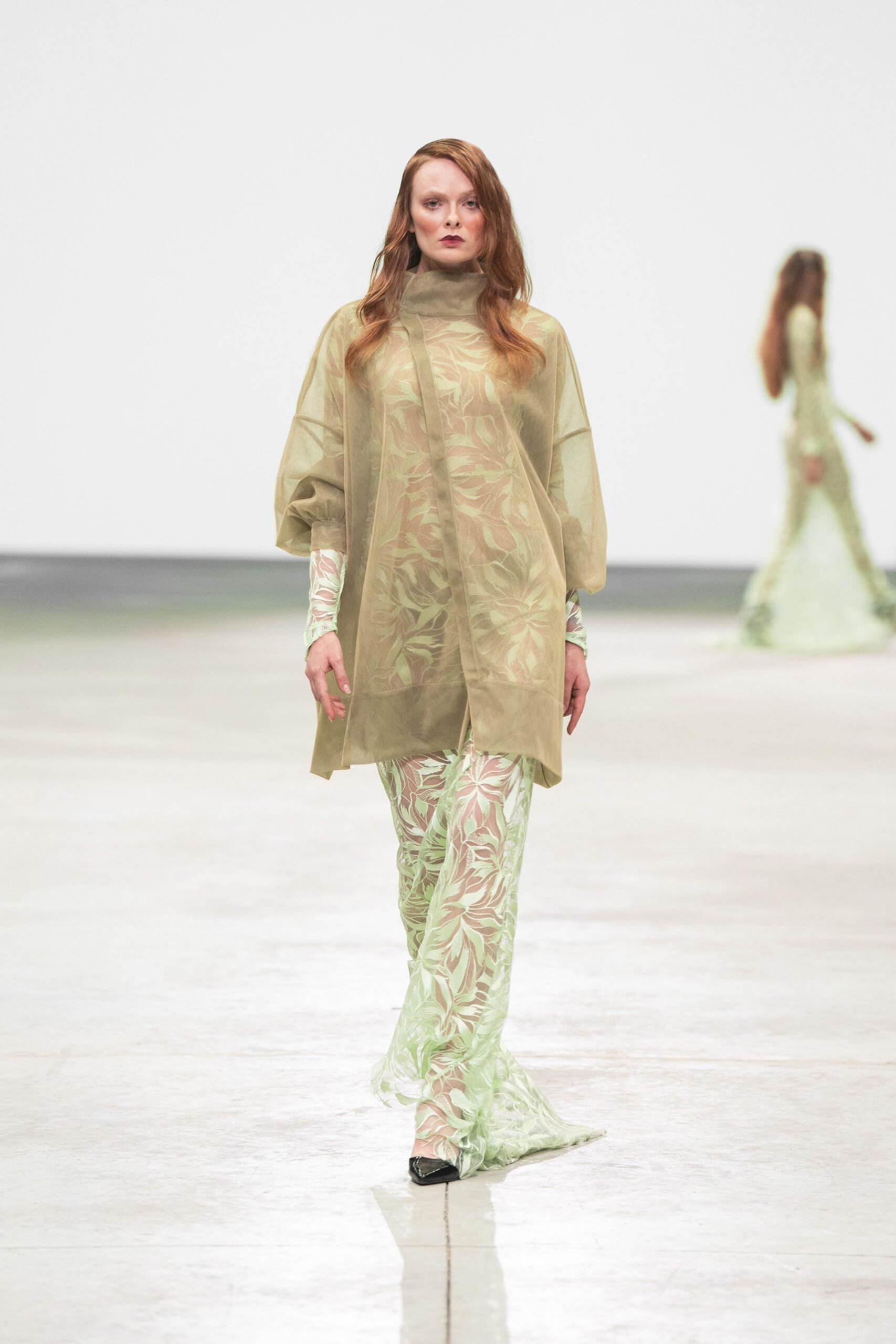 beige long-sleeve collared relaxed layered sheer flowing coat