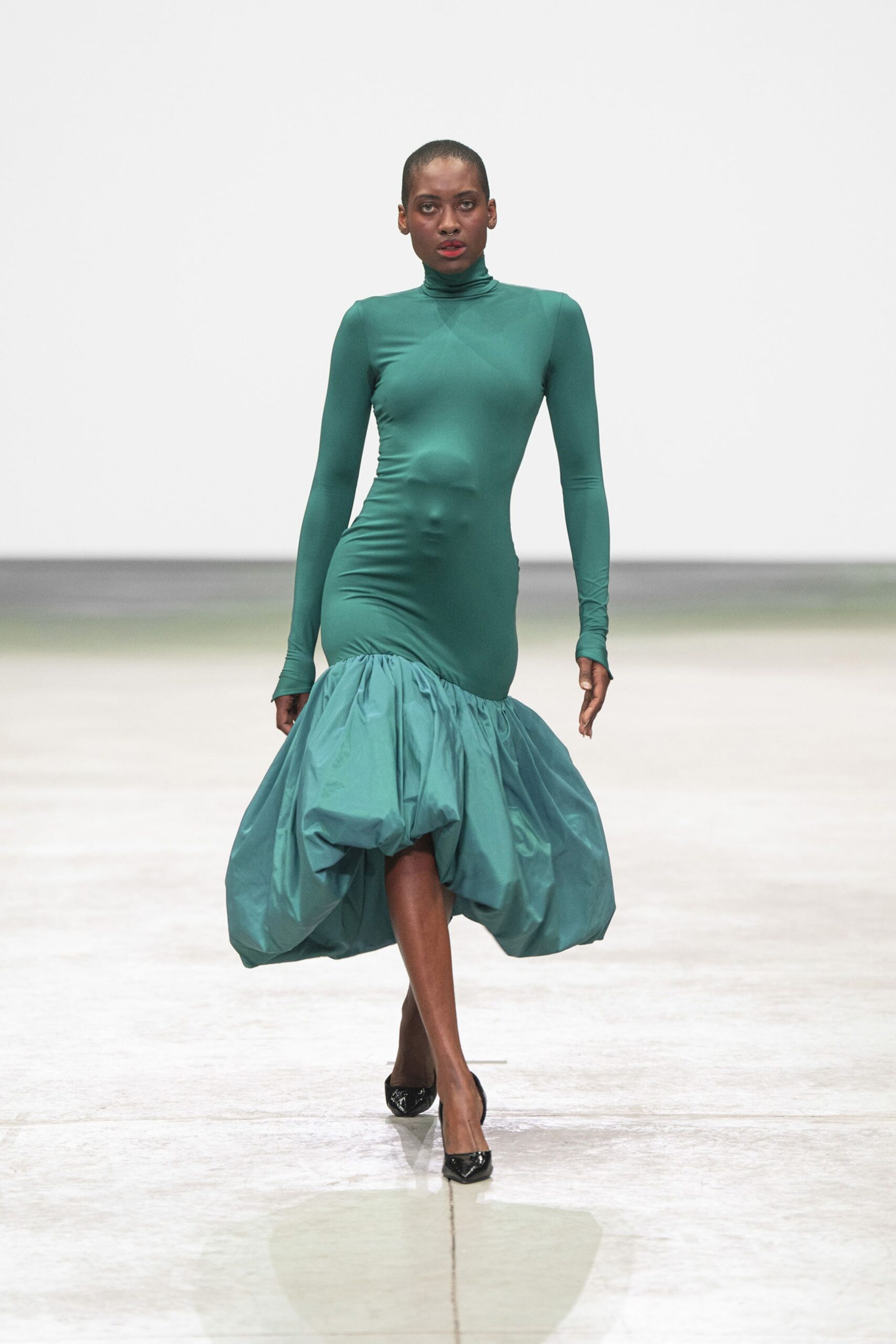 green cotton long-sleeve high-neck fitted flared midi dress