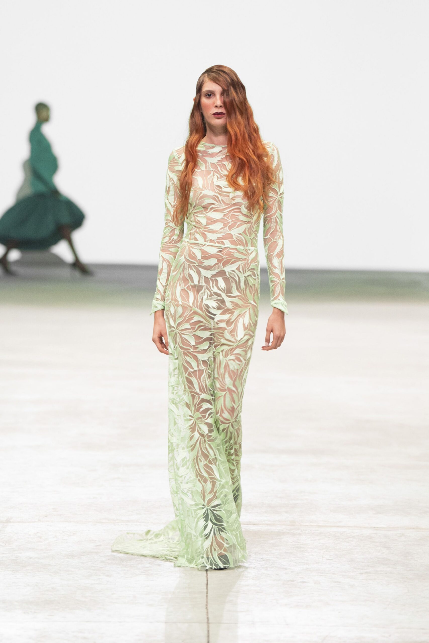 green and white lace gown