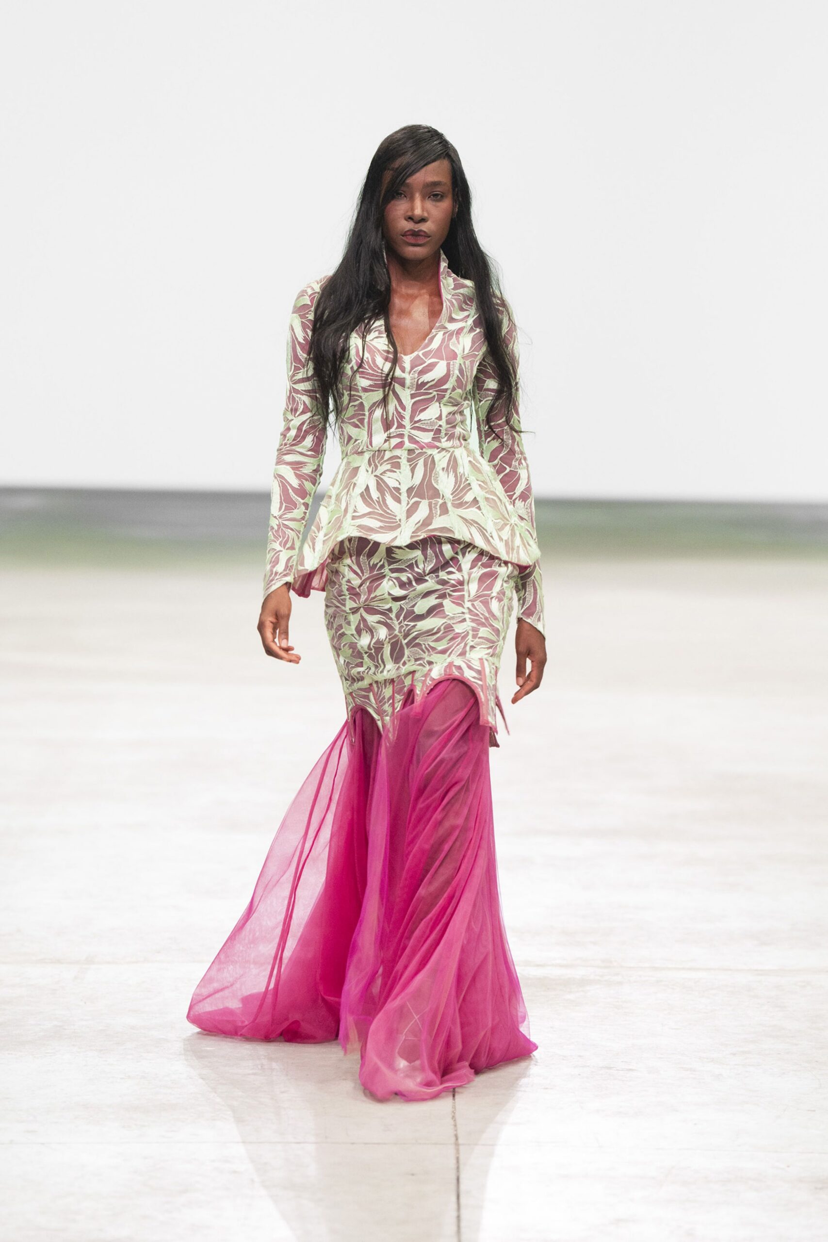 pink and green layered maxi dress