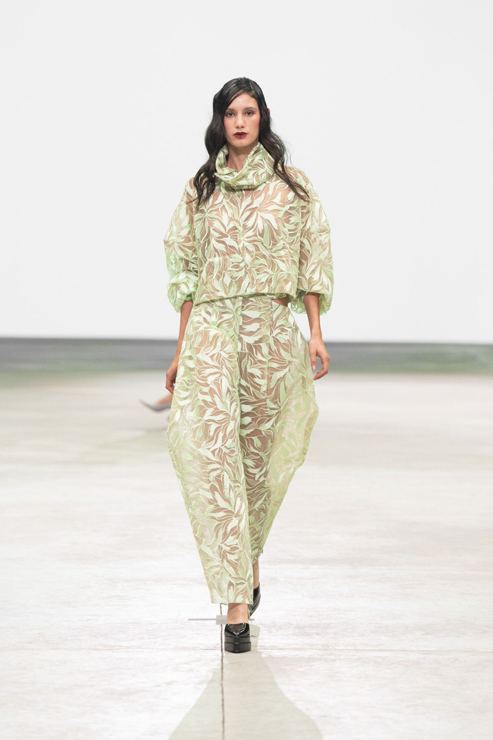 green chiffon relaxed floral layered sheer pants