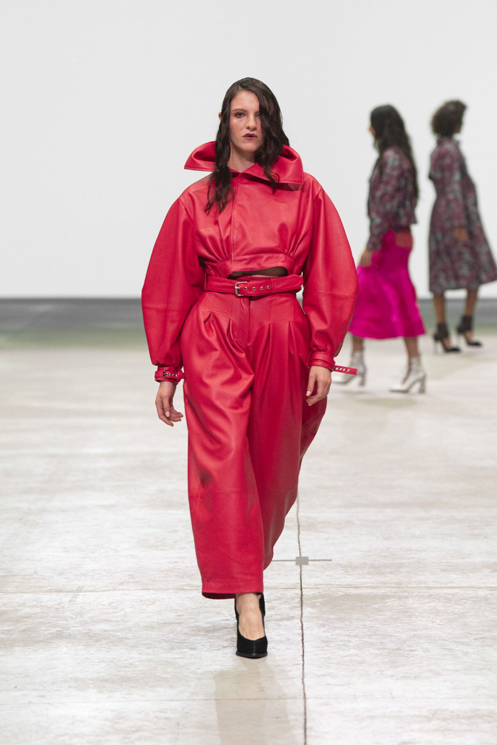 red leather long-sleeve hooded fitted belted maxi dress