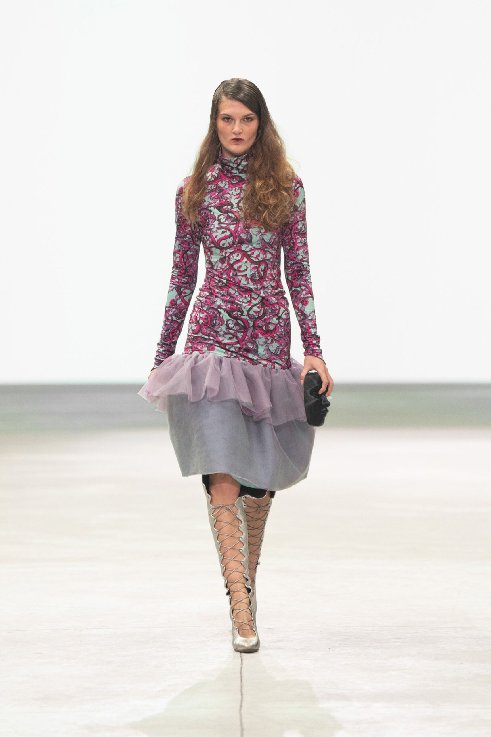 pink and gray ruffled midi dress