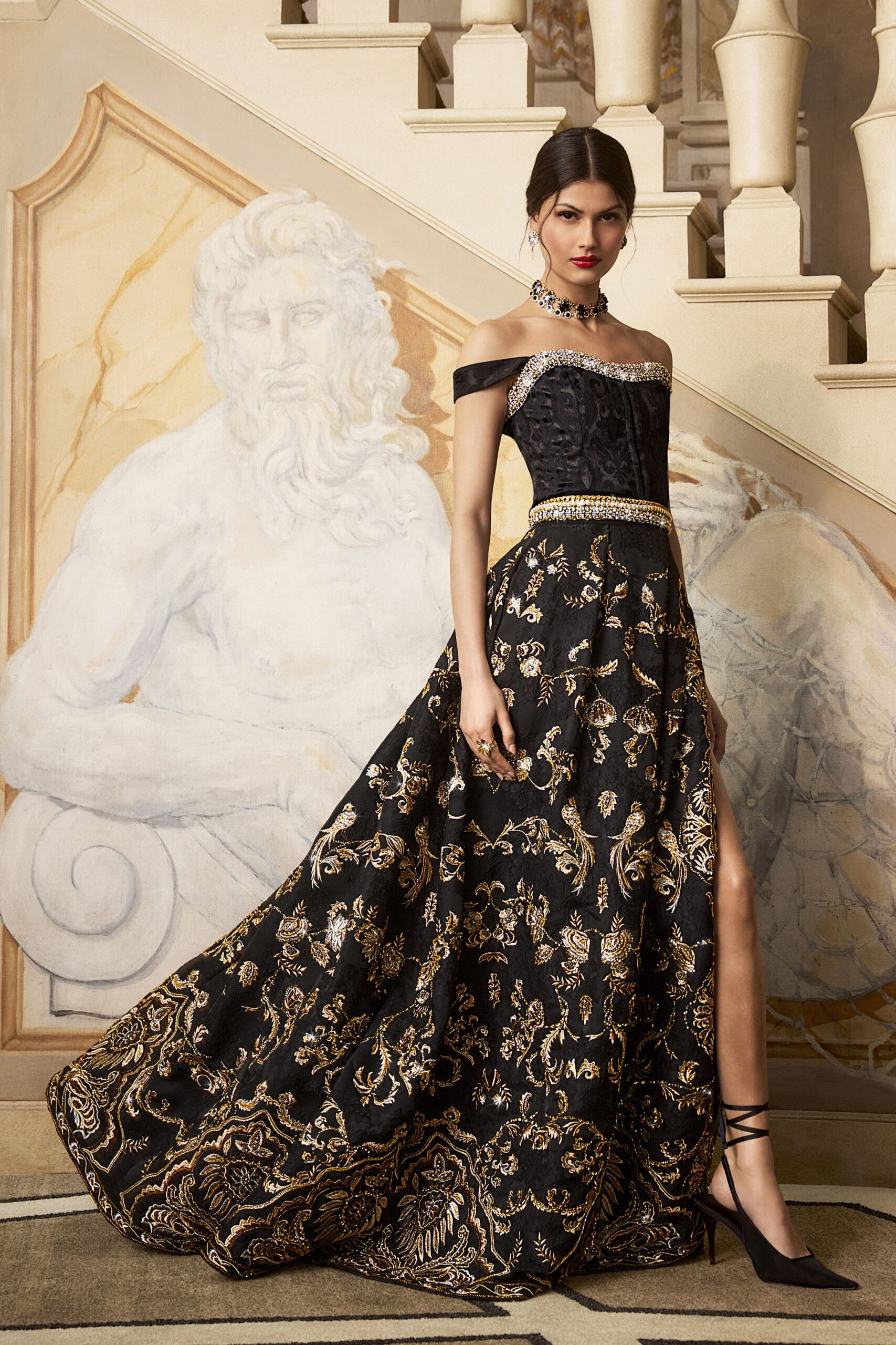 black silk off-shoulder slit fitted embroidered tiered gown