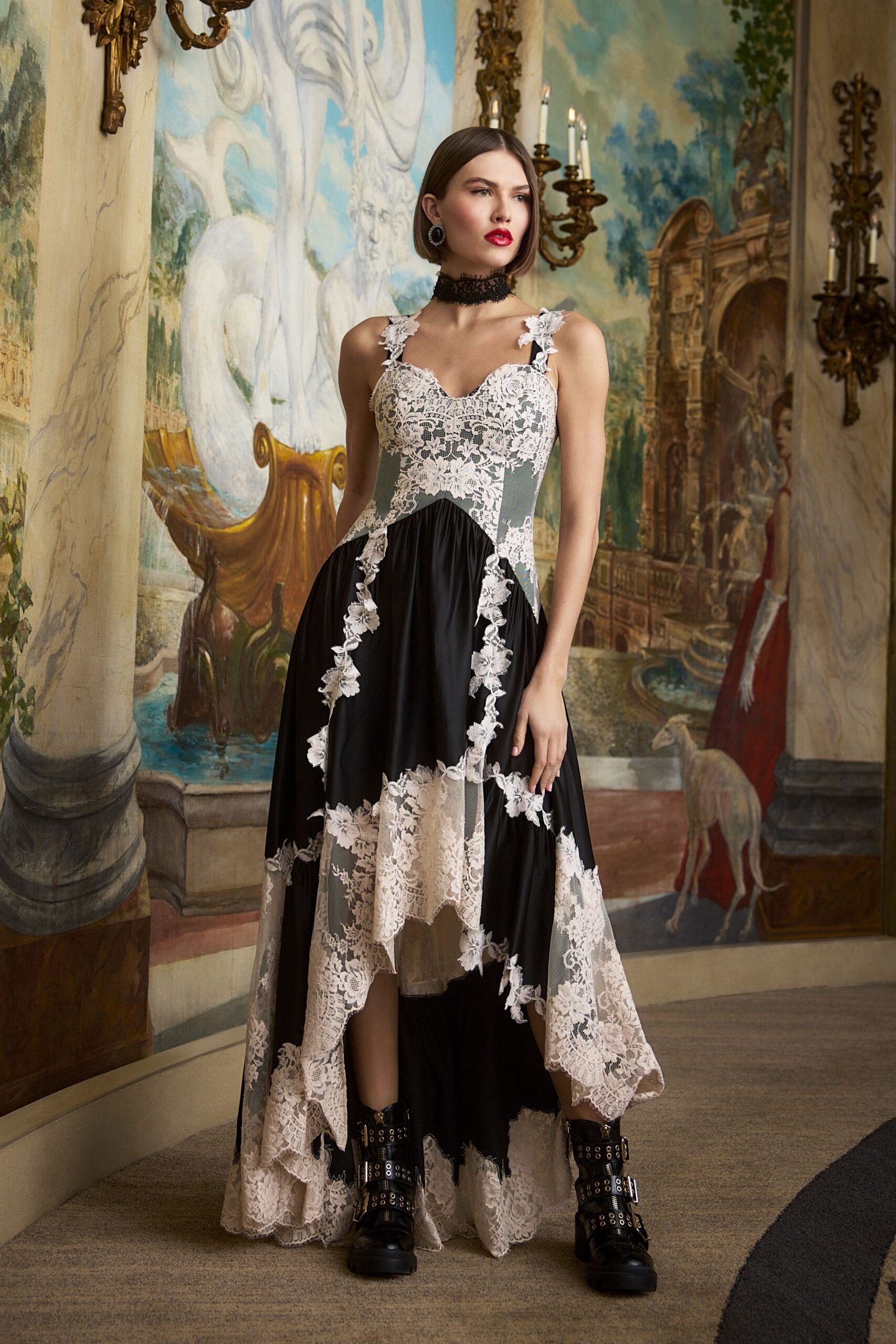 black silk sleeveless v-neck fitted layered ruffled gown