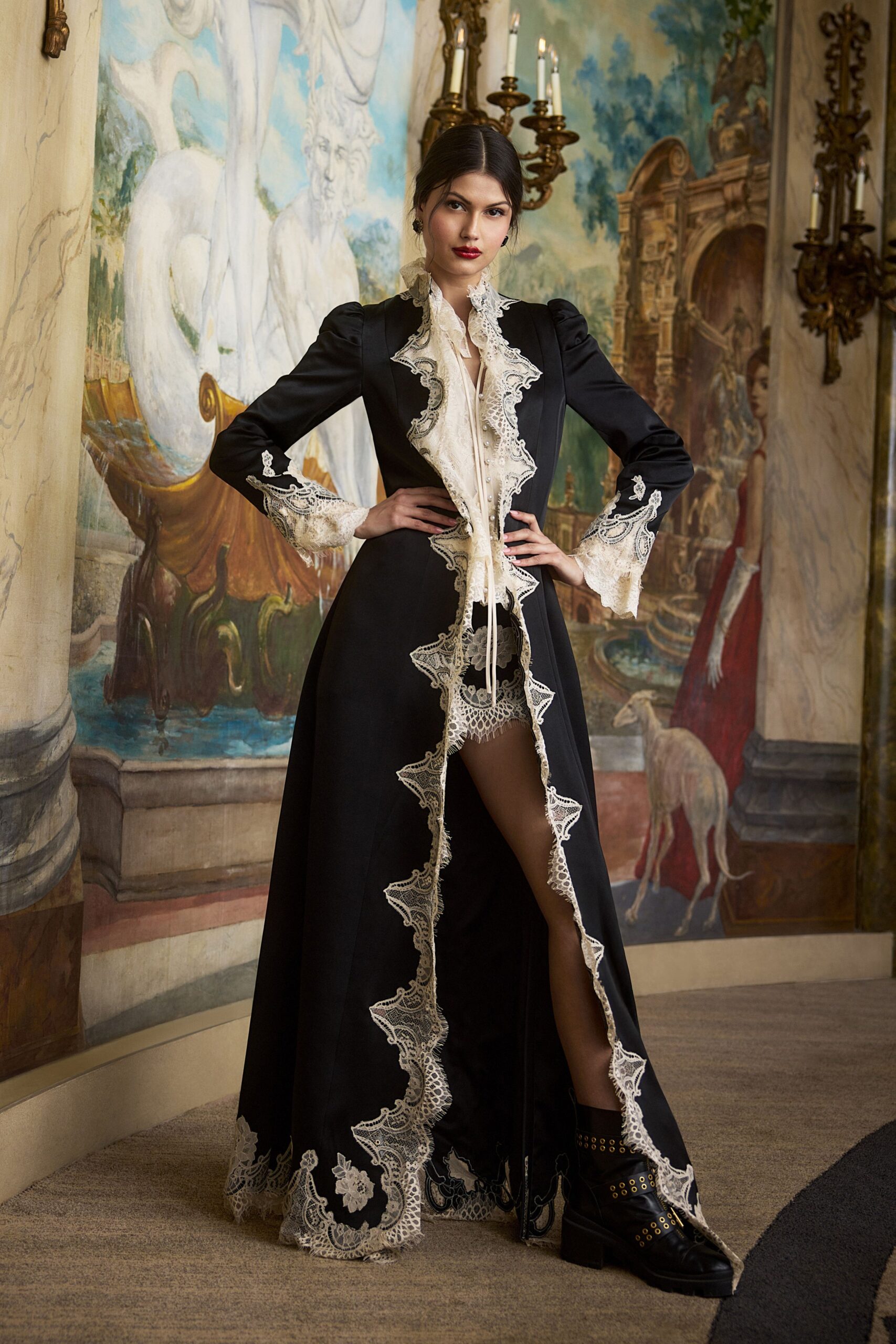 black silk long-sleeve v-neck fitted ruffled embroidered gown