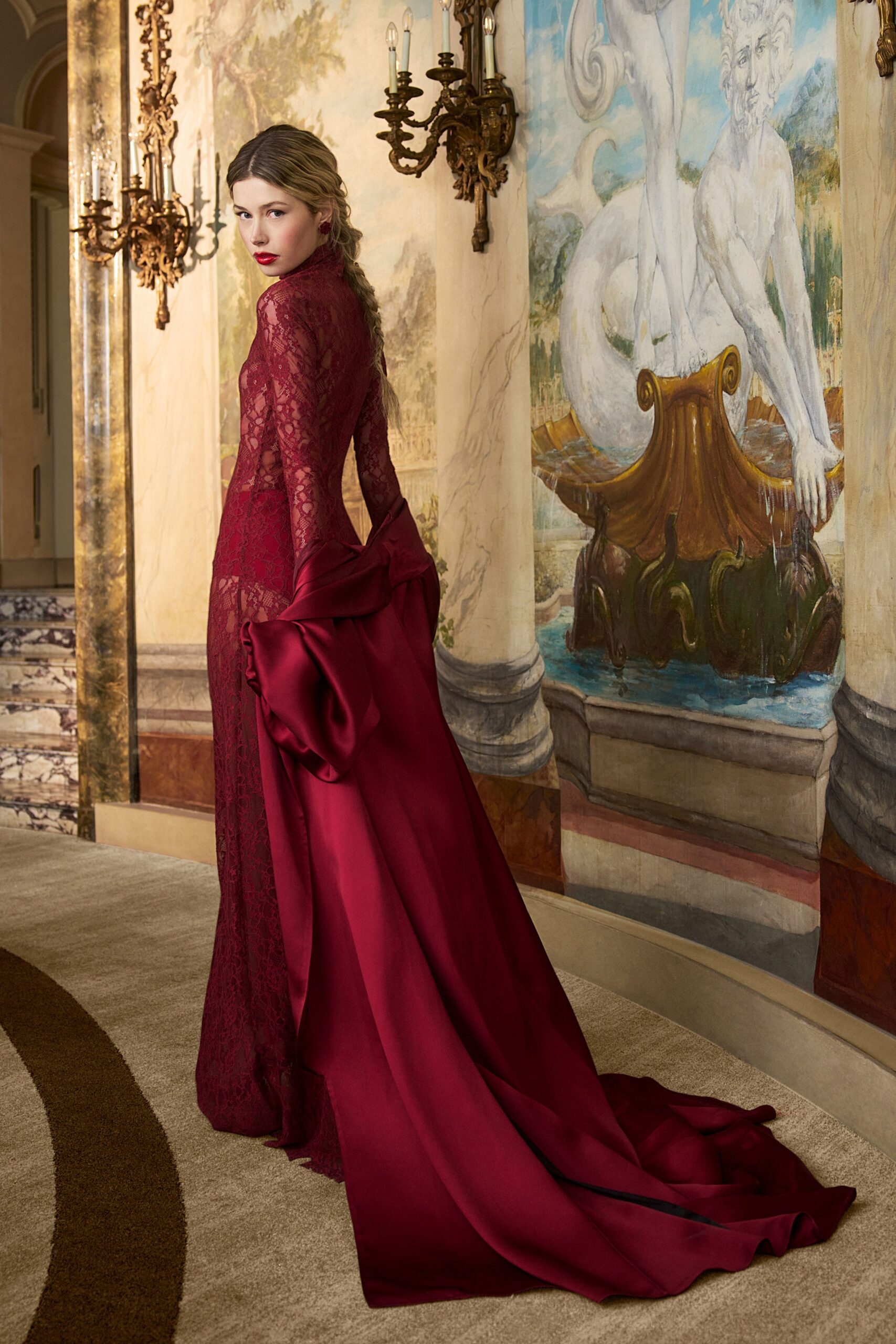 red lace long-sleeve gown