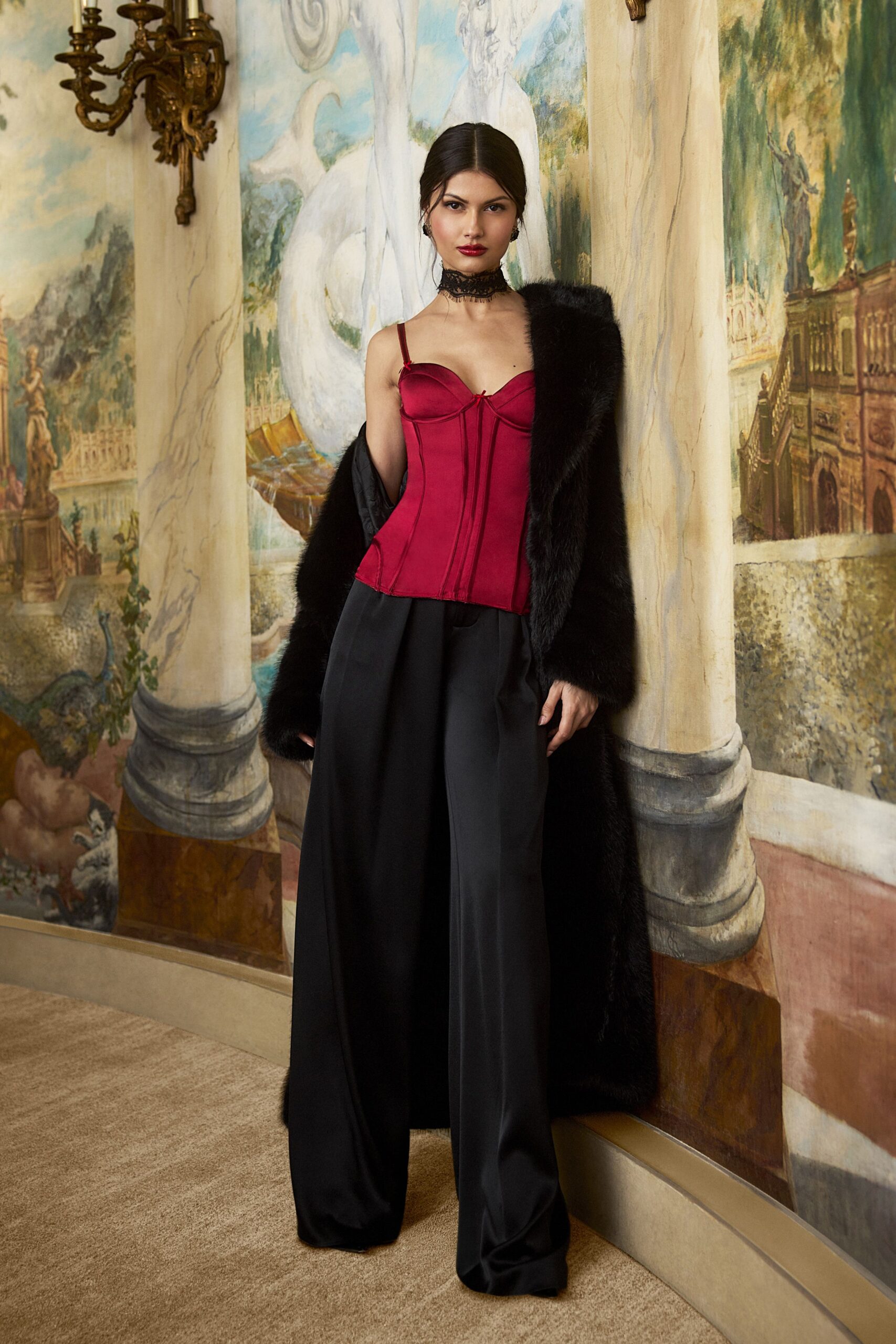 red silk sleeveless v-neck fitted zippered corset