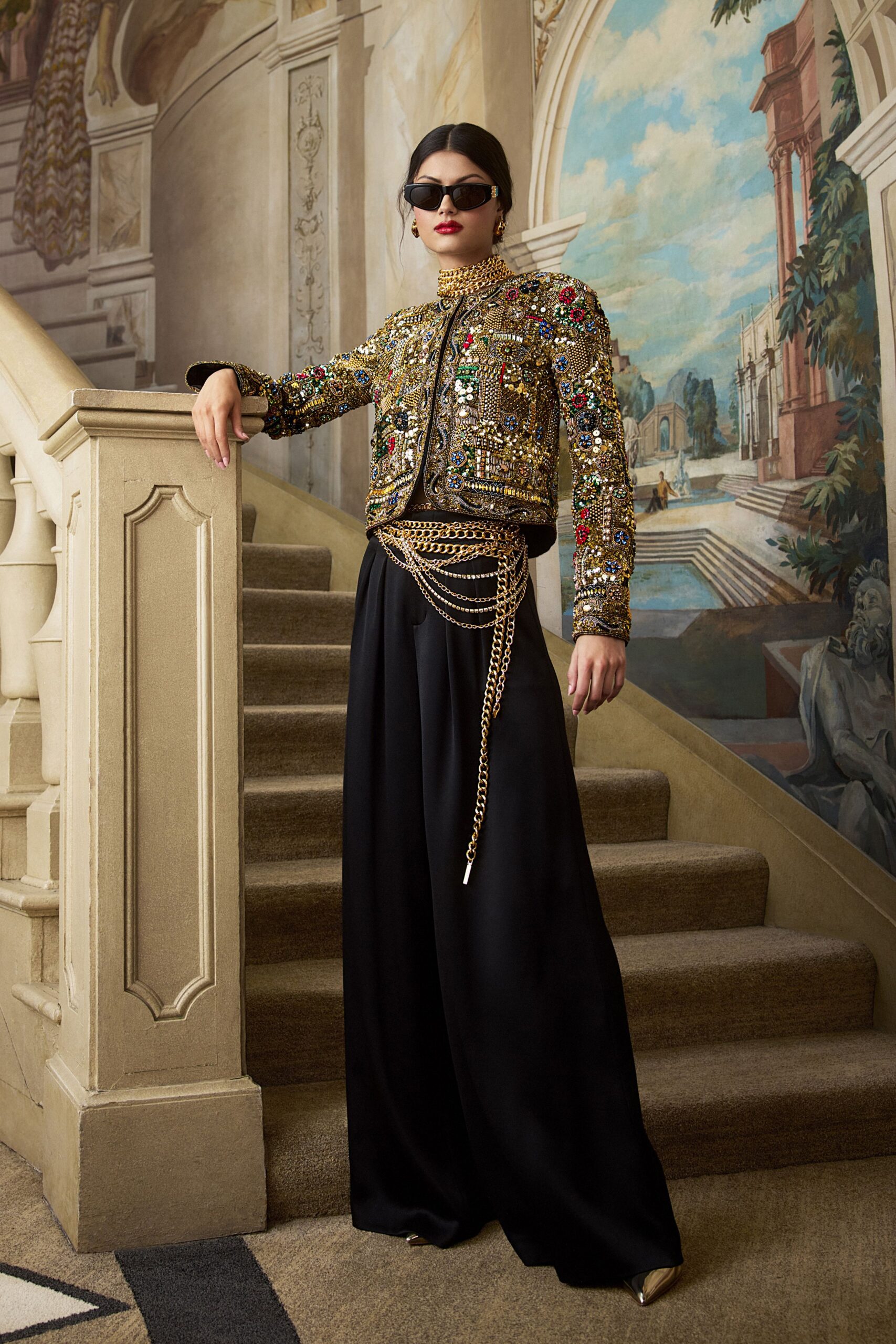 black sequin long-sleeve collared fitted embroidered beaded jacket