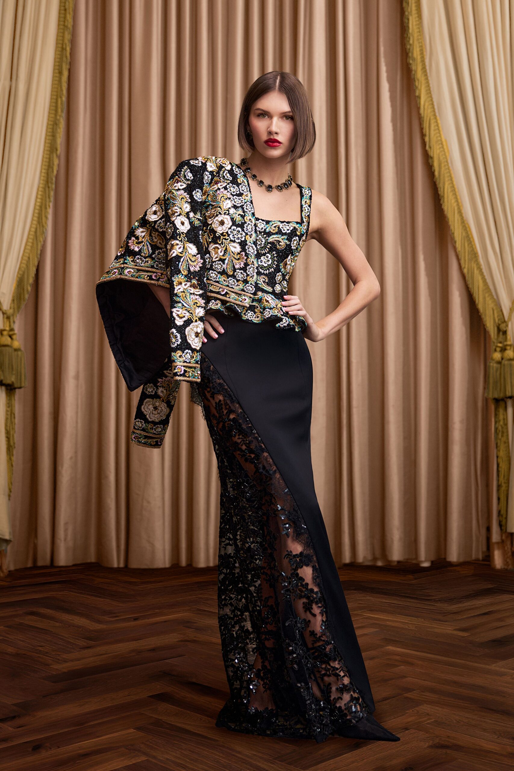 black silk sleeveless v-neck fitted embroidered sheer gown