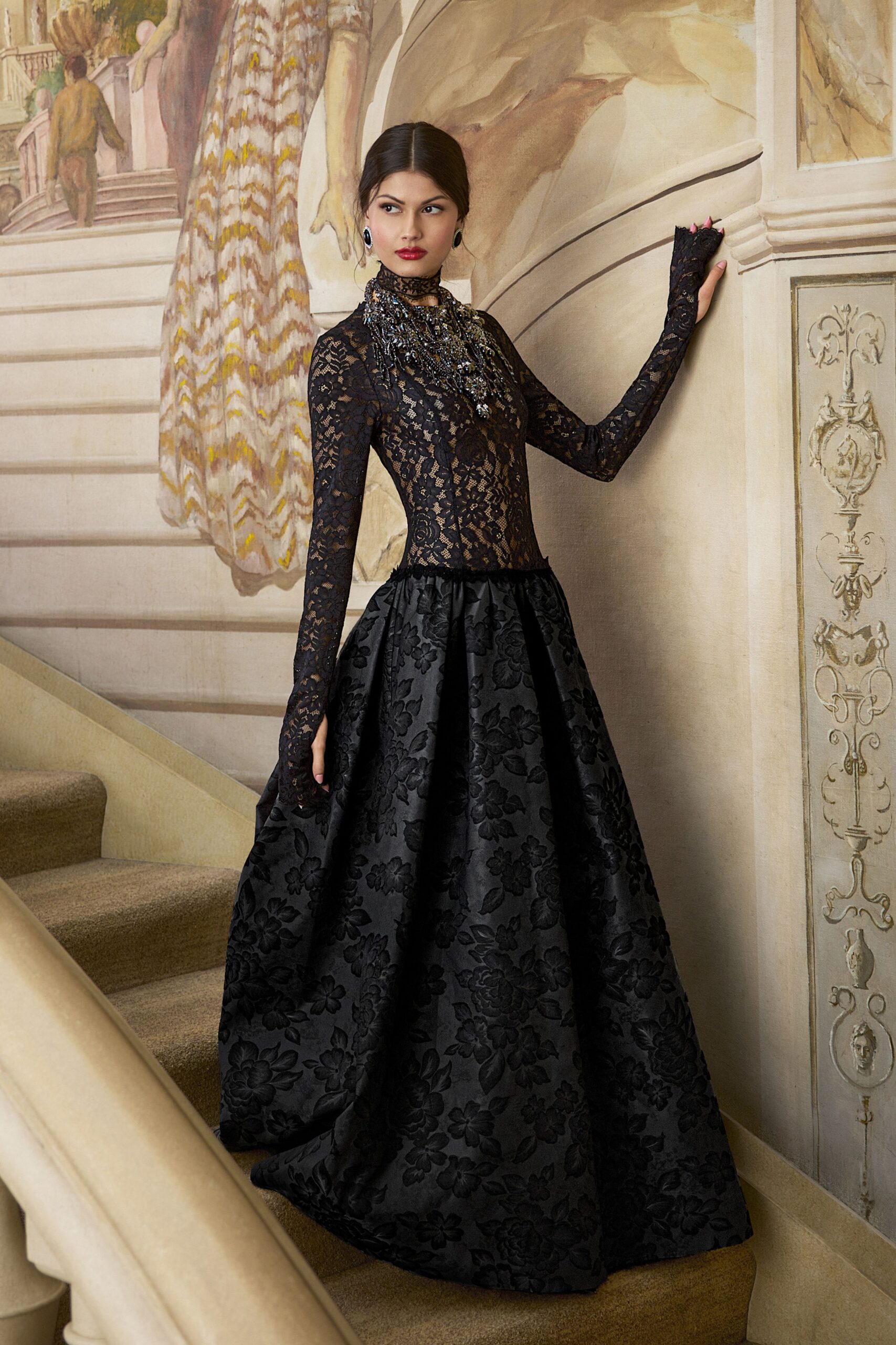 black lace embroidered gown