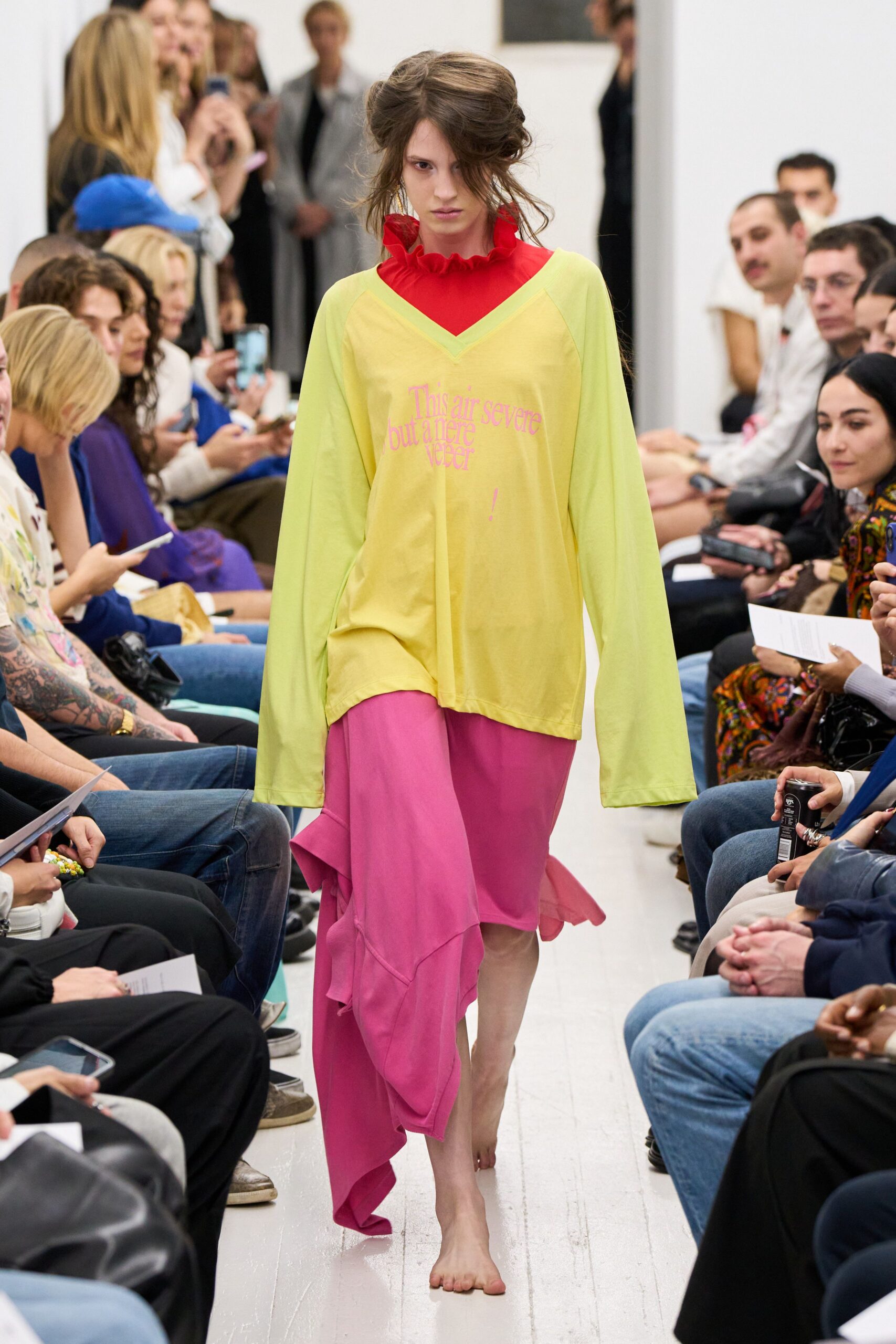 yellow cotton long-sleeve collared oversized printed top