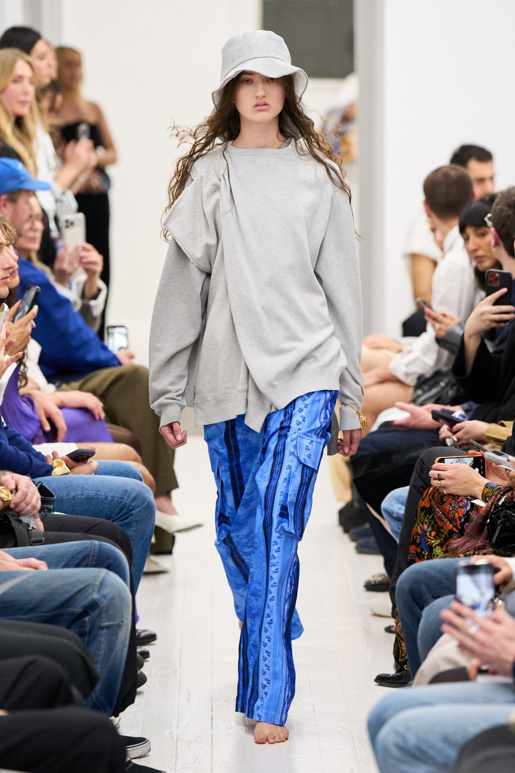 gray cotton long-sleeve oversized draped top