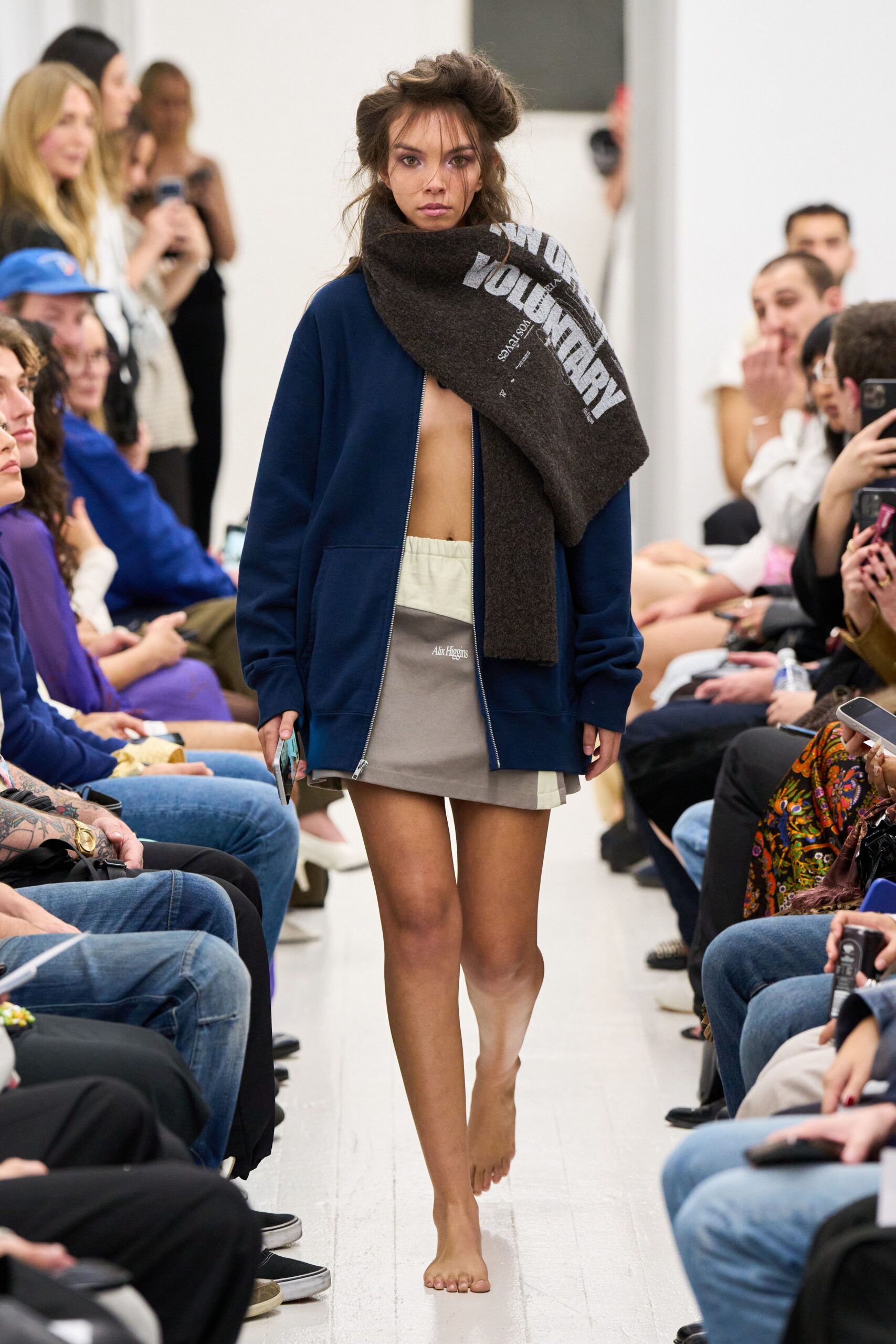 blue oversized jacket gray skirt