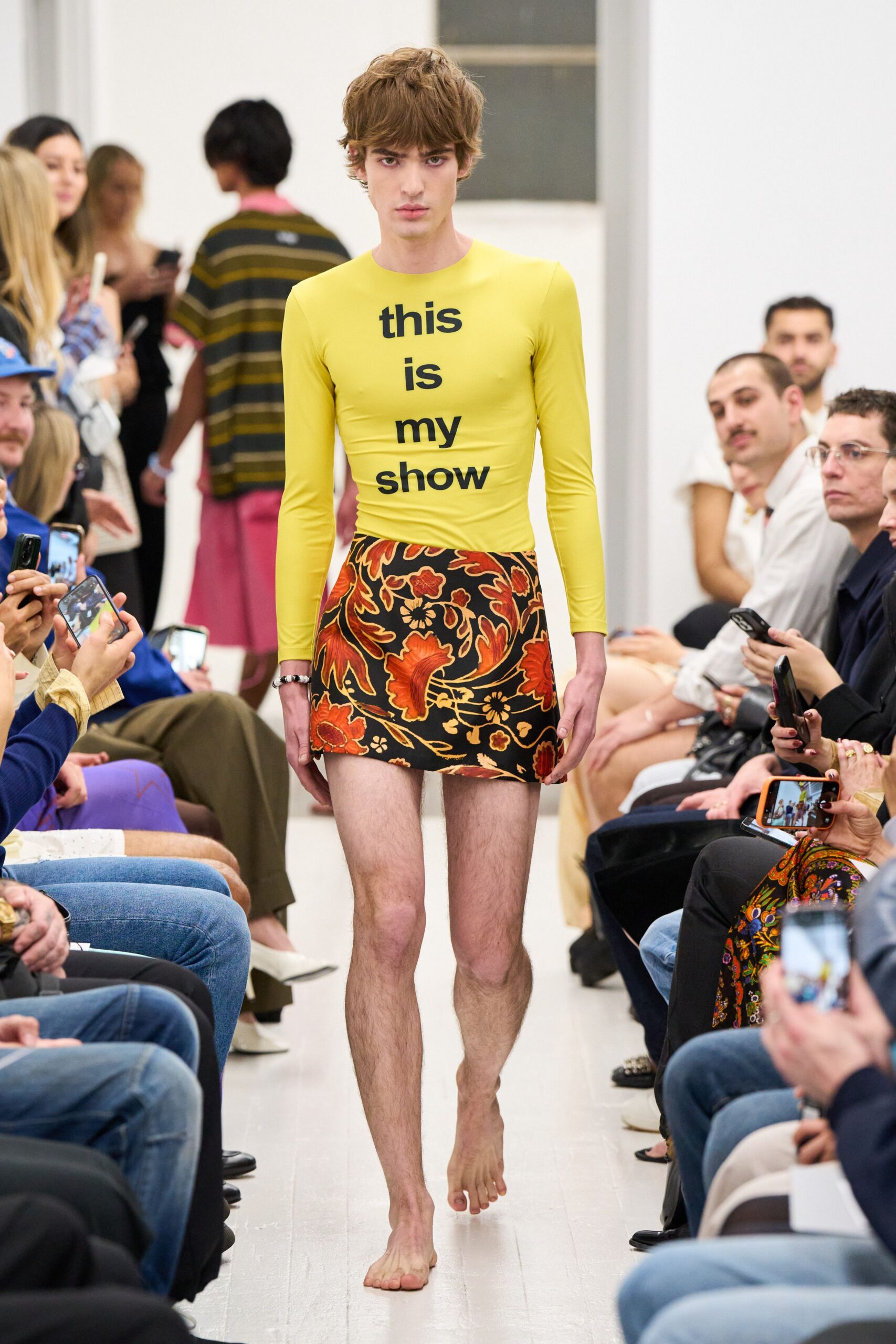 yellow cotton long-sleeve collared fitted printed top