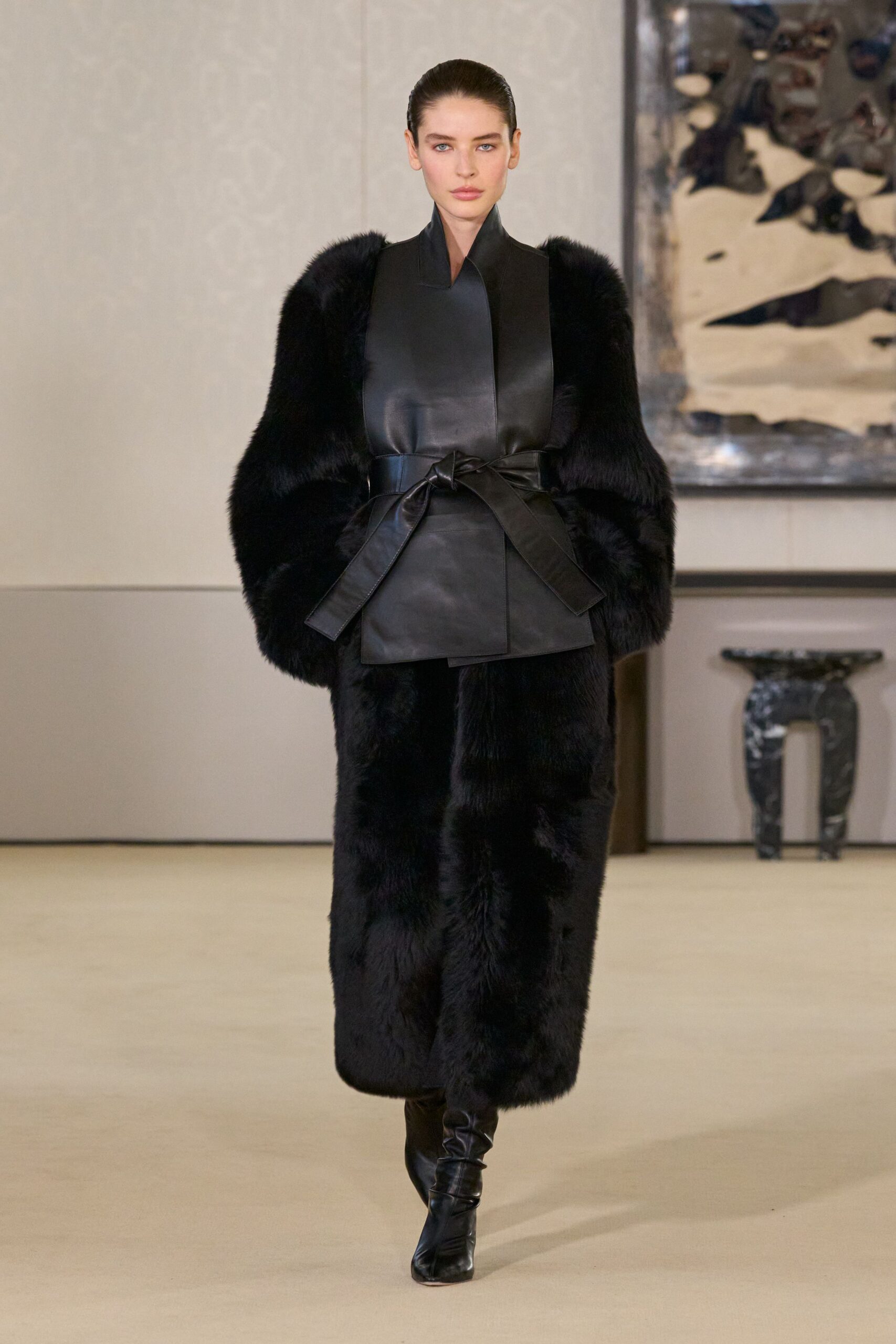 black fur long-sleeve collared fitted belted maxi coat