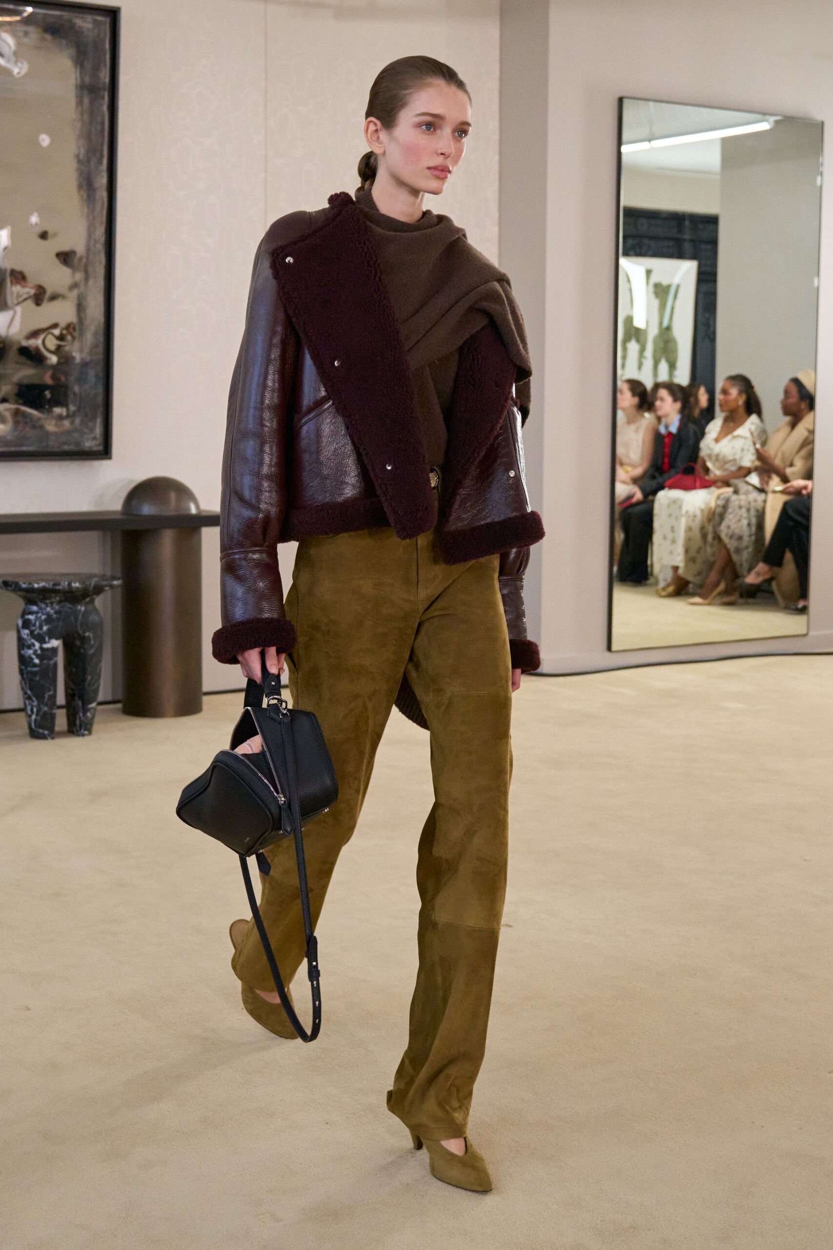 brown leather long-sleeve collared fitted zippered jacket