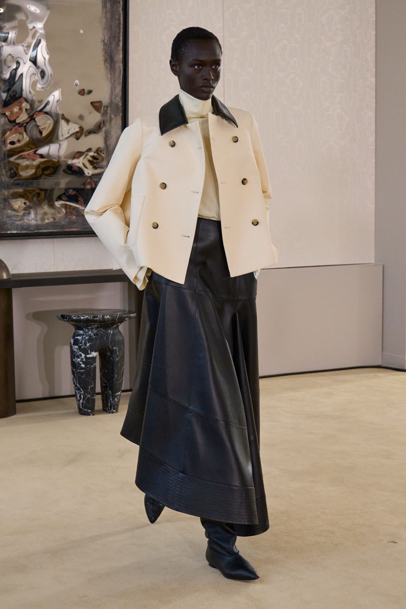 beige wool long-sleeve collared structured jacket