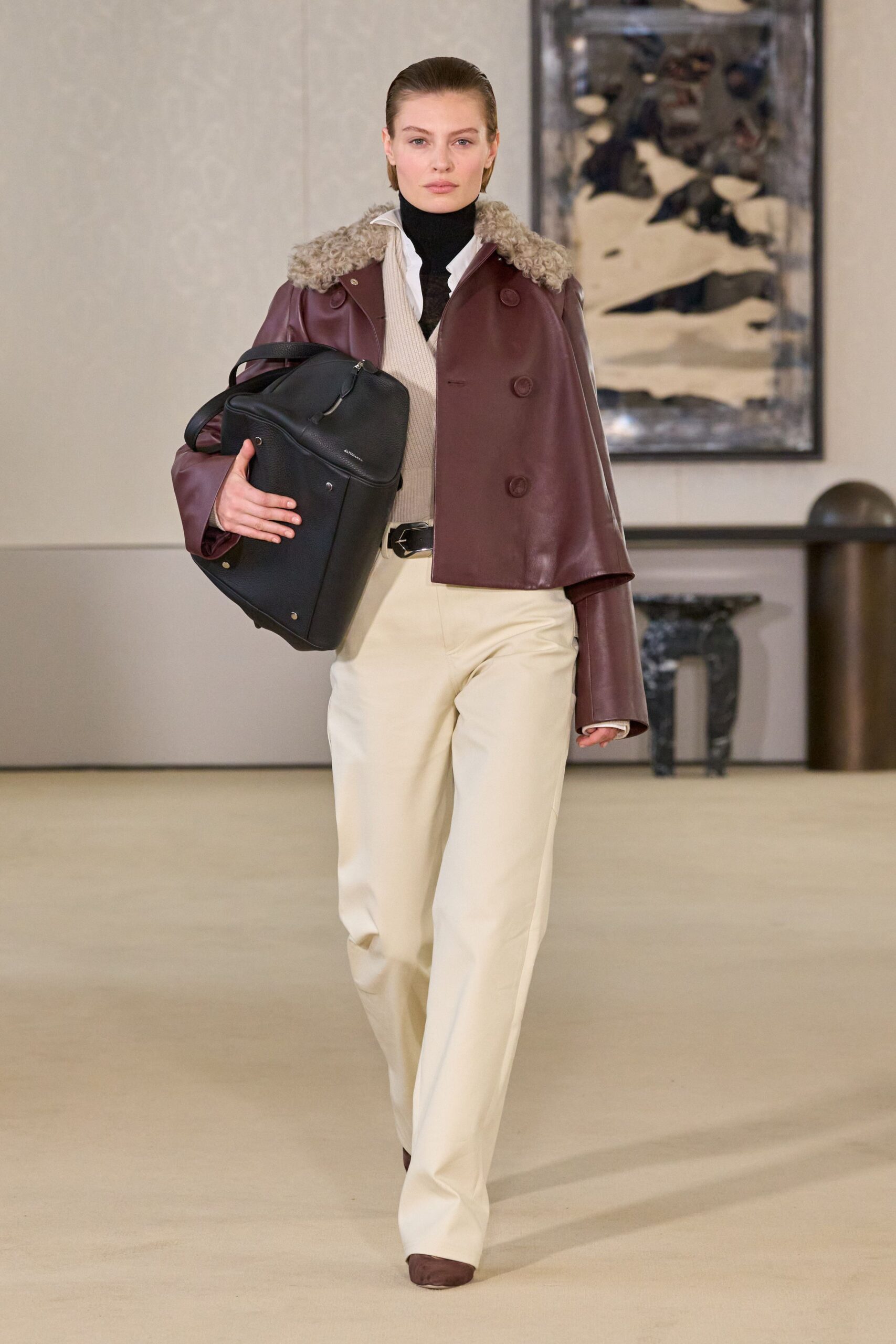 brown leather long-sleeve collared structured zippered jacket