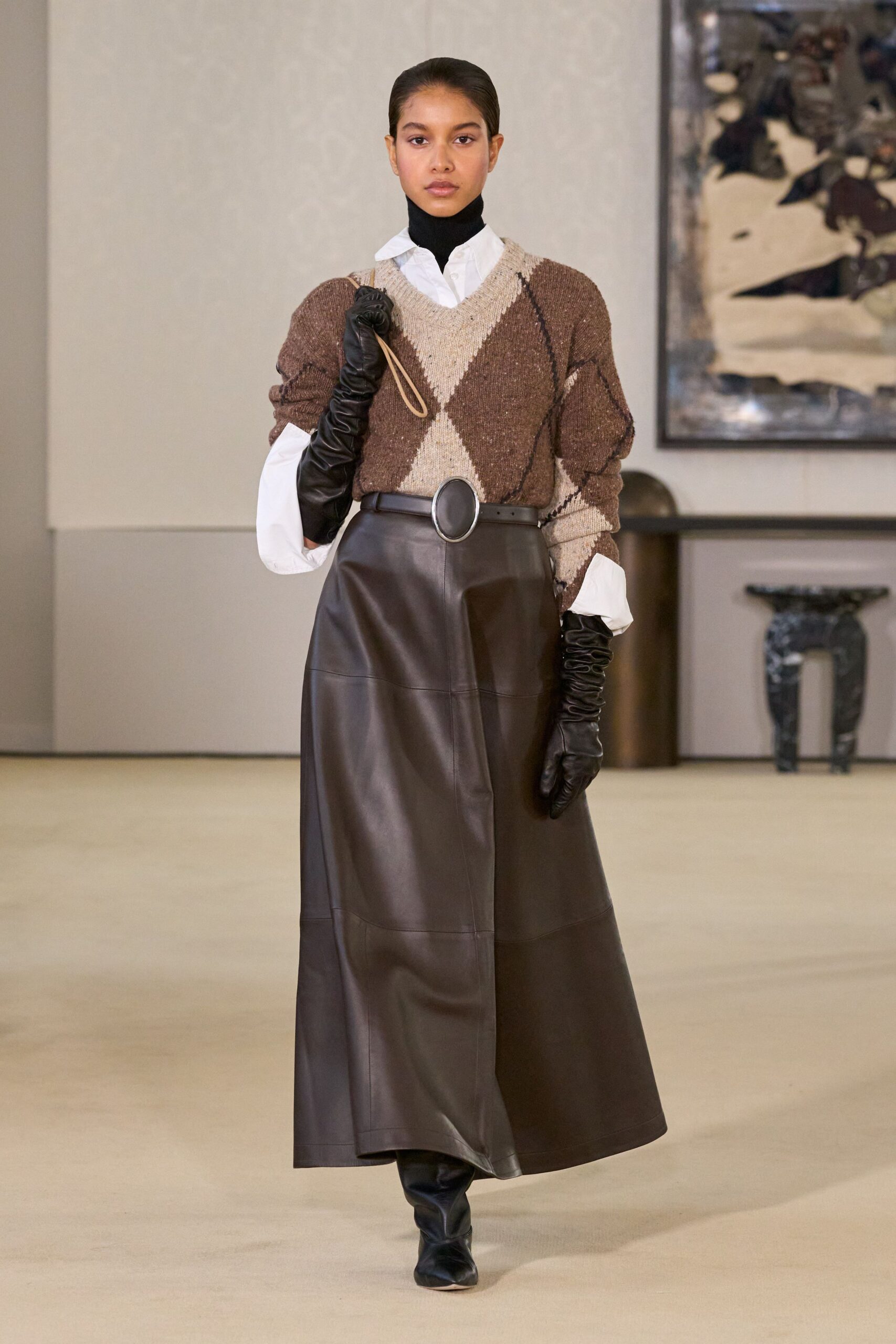 brown wool long-sleeve v-neck relaxed color-blocked sweater
