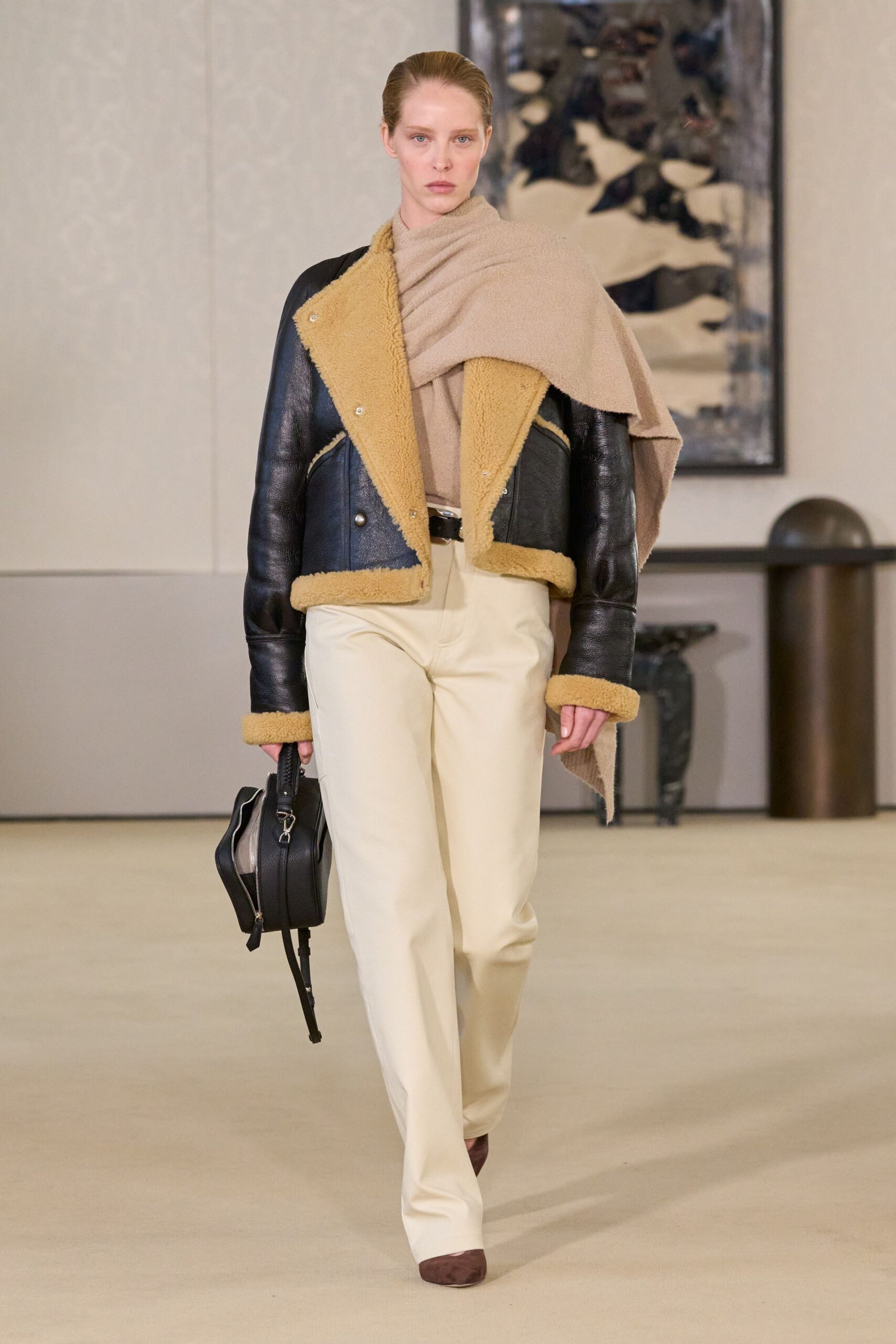 beige wool long-sleeve turtleneck relaxed top