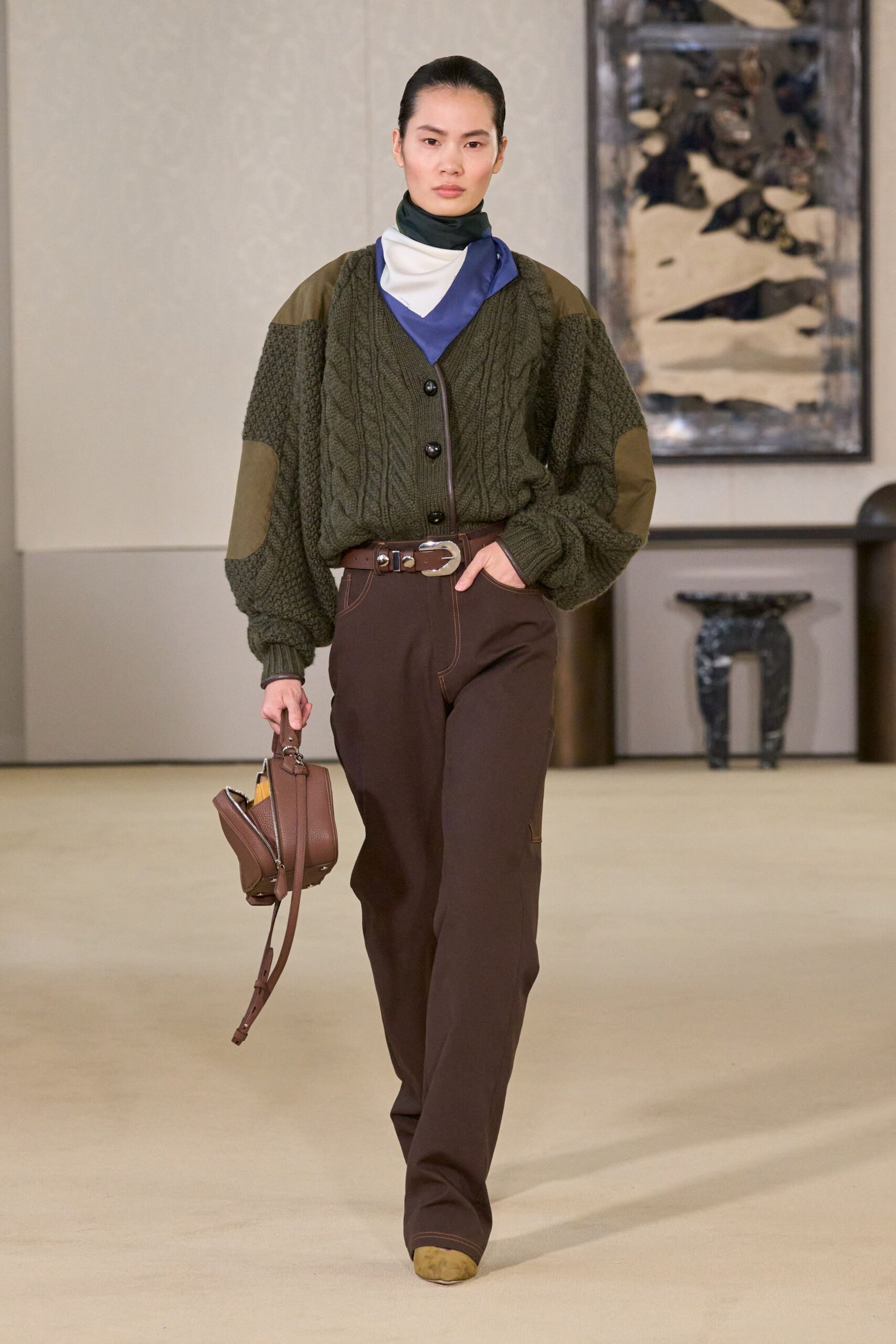 green wool long-sleeve collared relaxed padded cardigan
