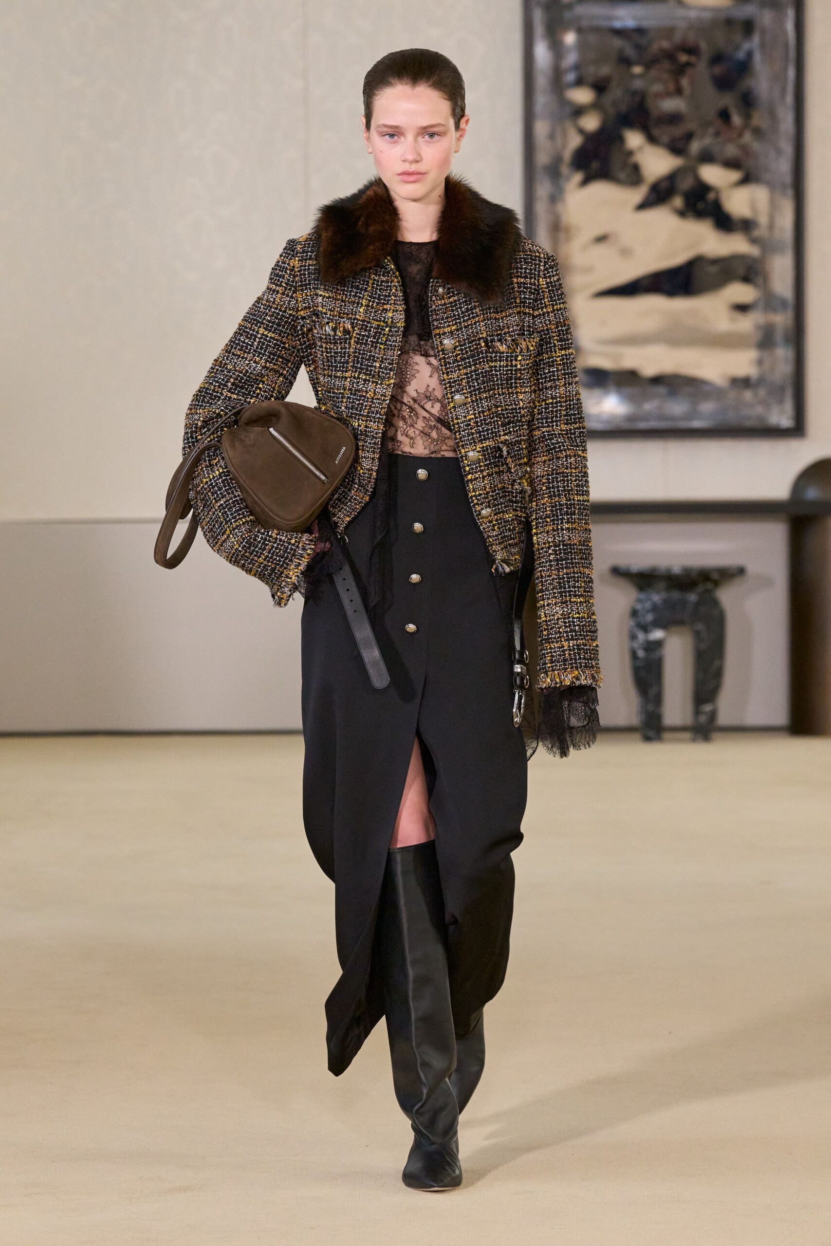 brown tweed long-sleeve collared structured buttoned fringed jacket