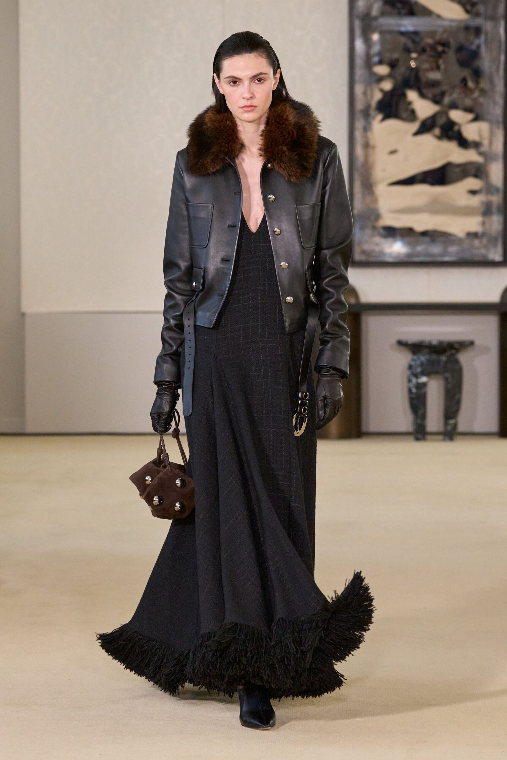 black leather long-sleeve v-neck fitted buttoned jacket