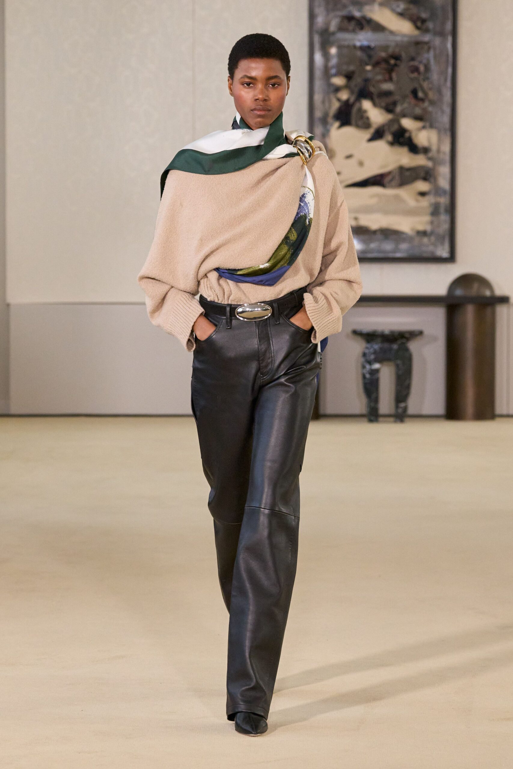 beige wool long-sleeve collared oversized sweater