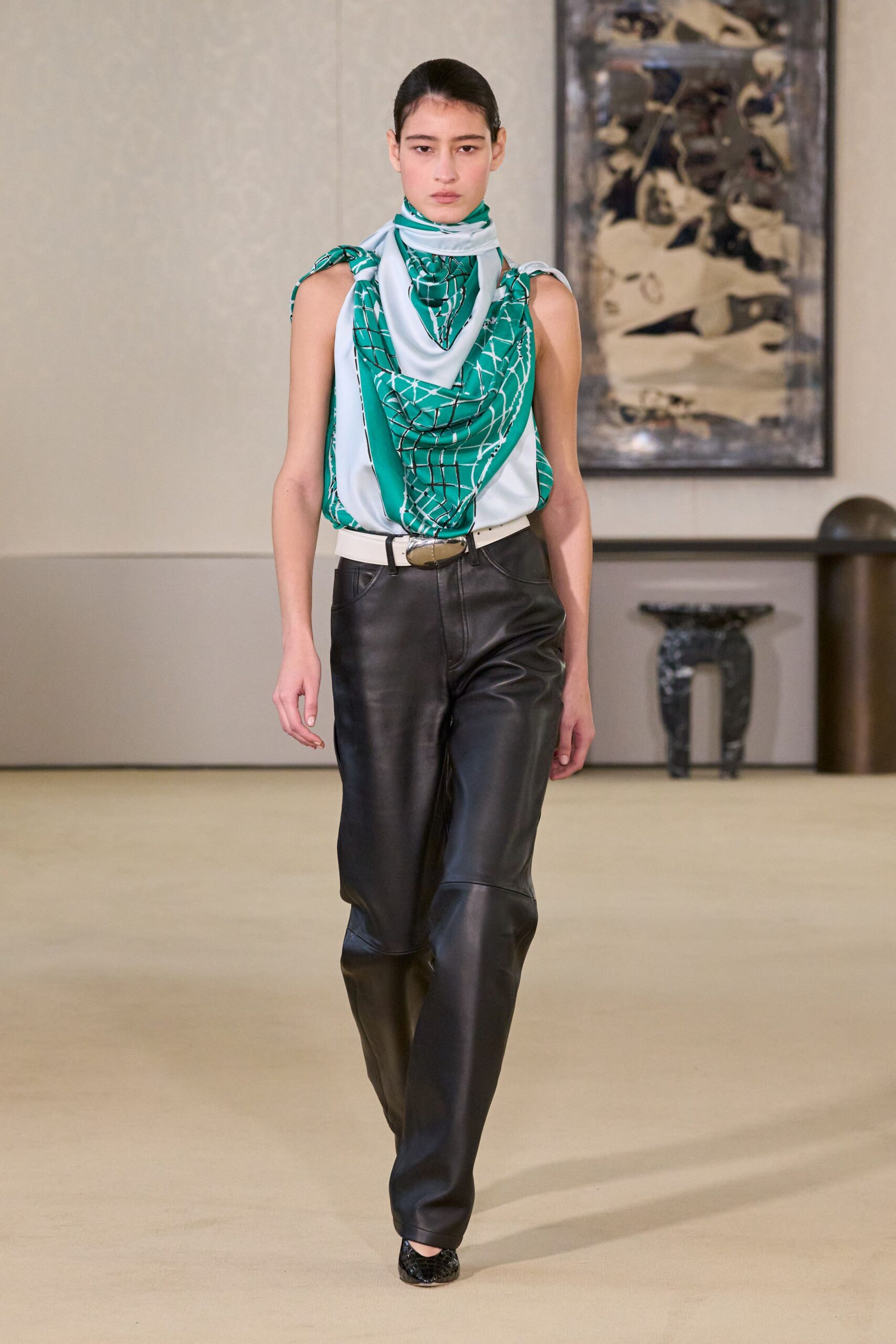 green silk sleeveless high-neck fitted printed top