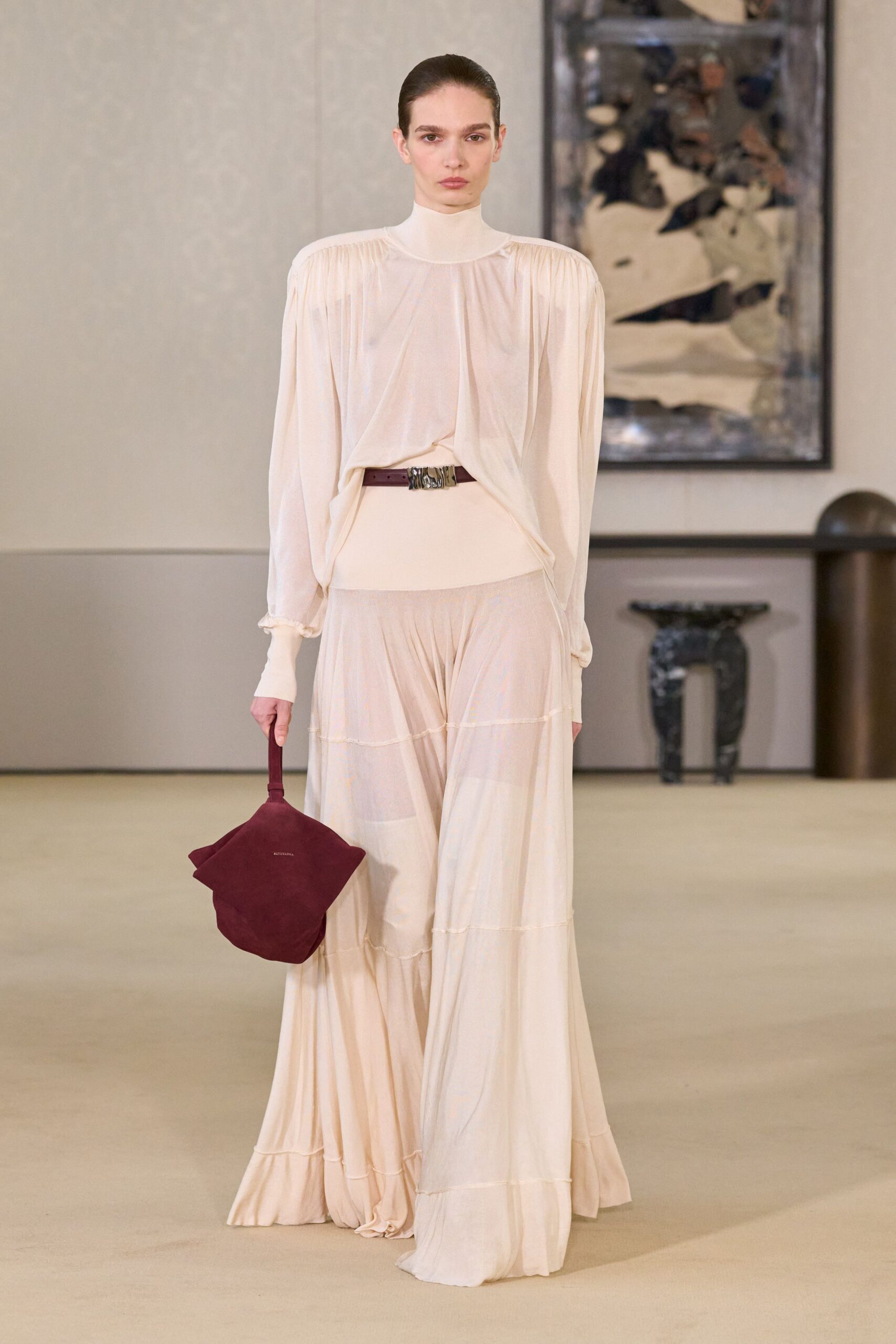 beige silk long-sleeve fitted tiered flowing maxi skirt