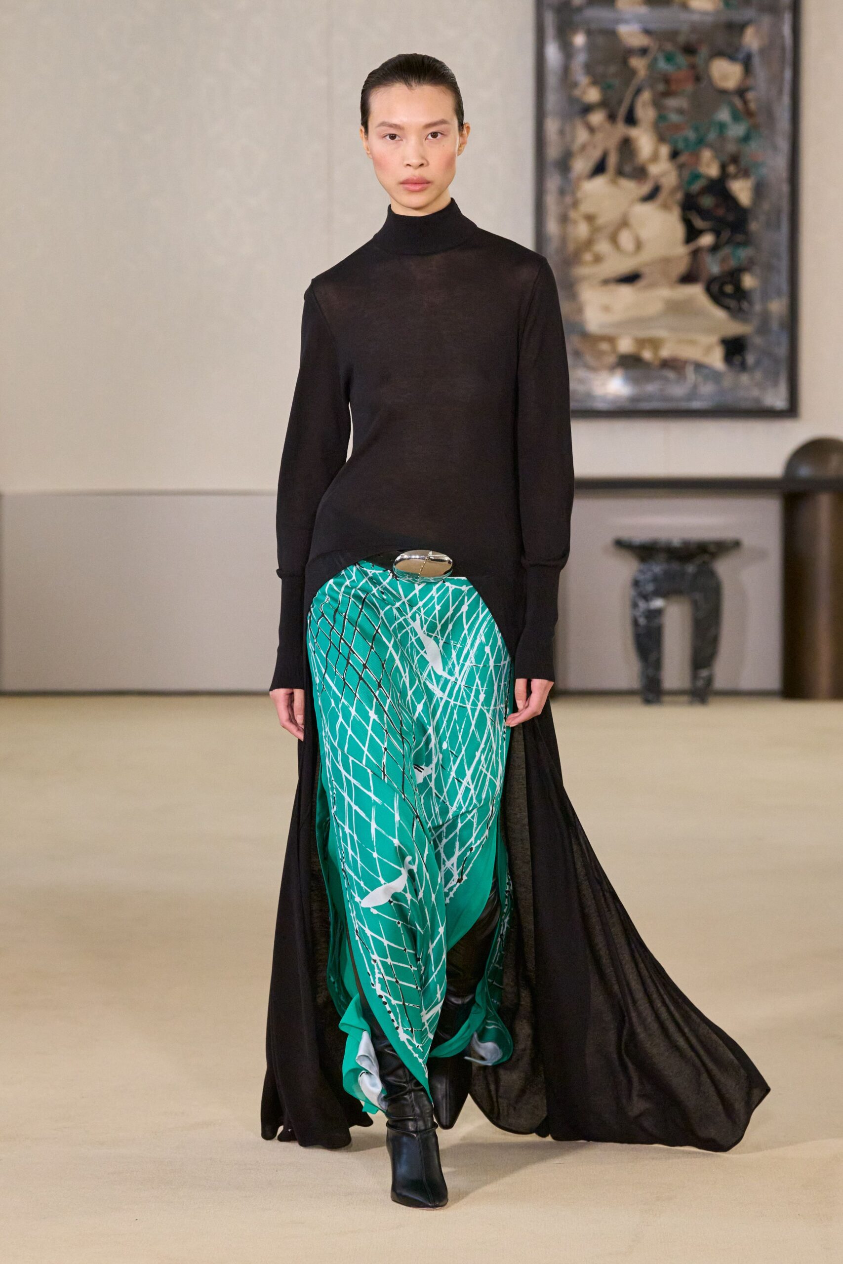 black silk long-sleeve high-neck fitted layered flowing dress